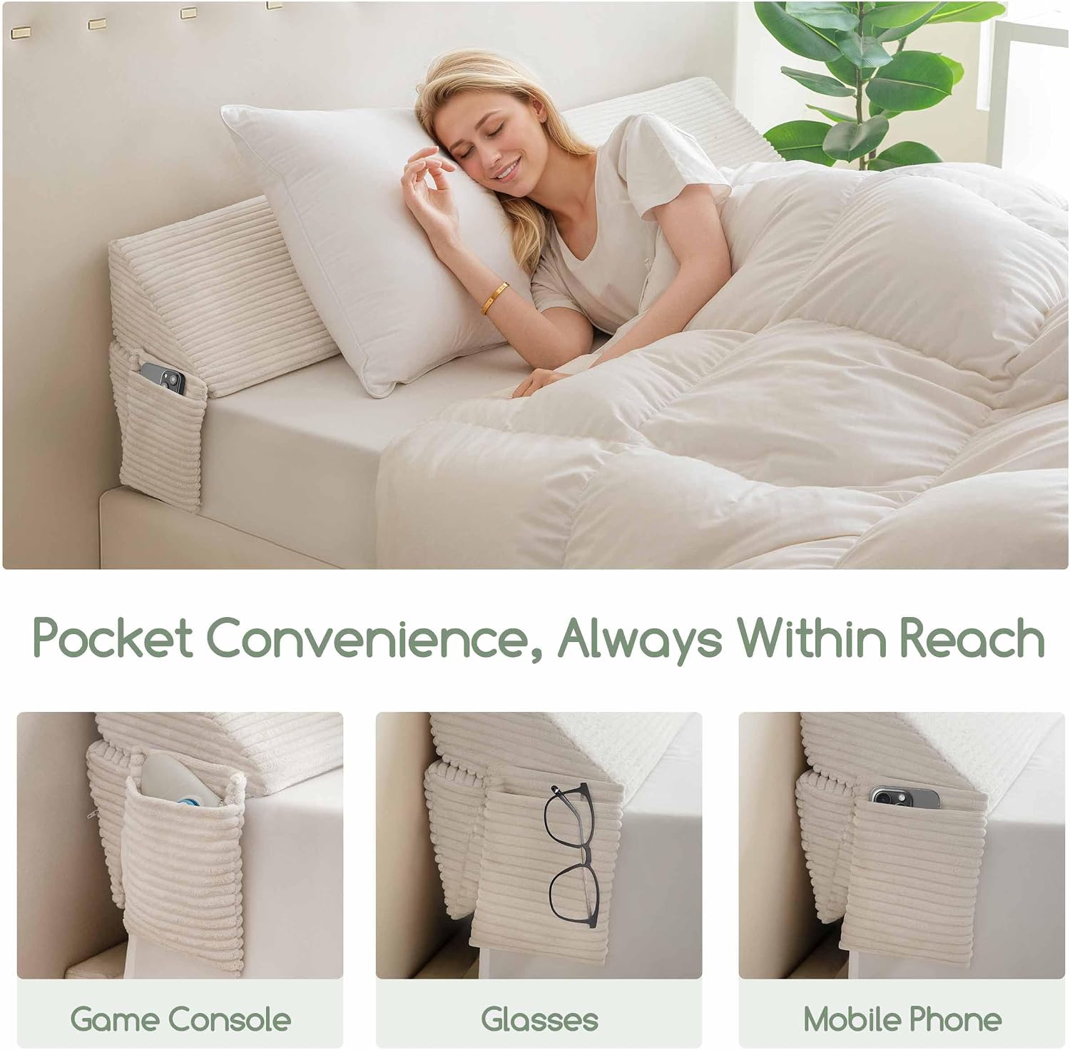 Thumbnail 3 de HIGOGOGO WP Queen Bed Wedge Pillow, Beige Corduroy Gap Filler, 60 x 11 x 9 in