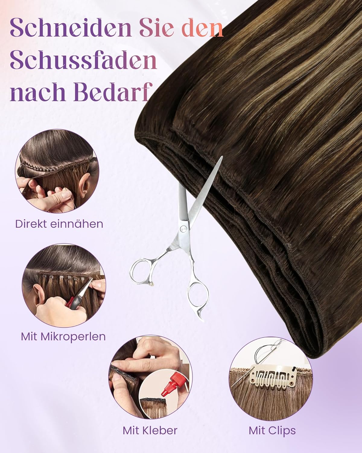 Detalle 2 de LaaVoo Echthaar Extensions Tressen Braun Ombre – Echthaar zum Einnähen, 100 g, 55 cm, Dunkelbraun Balayage Caramel Blond
