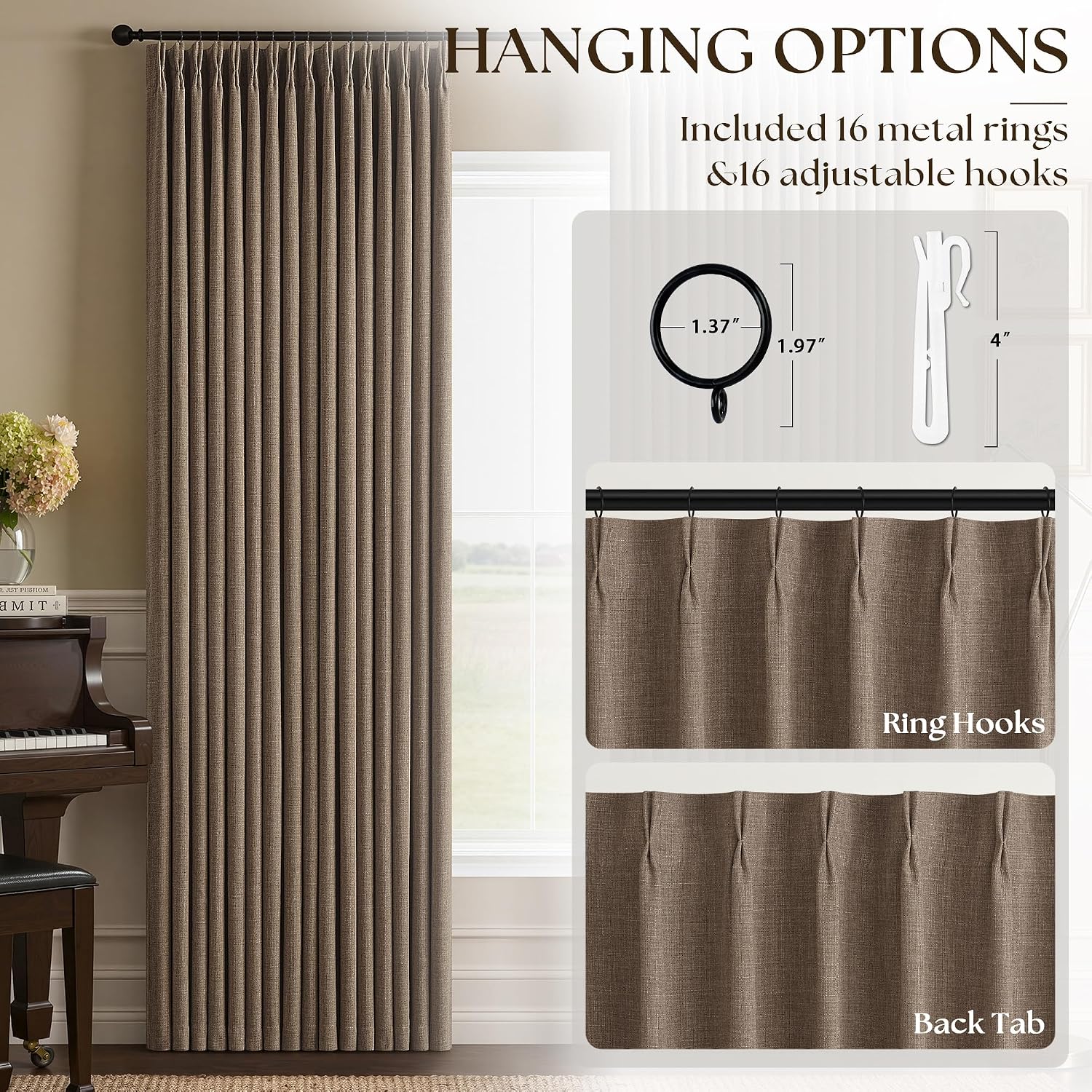 Detalle 2 de Dark Flax Pinch Pleated 100% Blackout Linen Curtains – 50x84 Inches, Double Layer