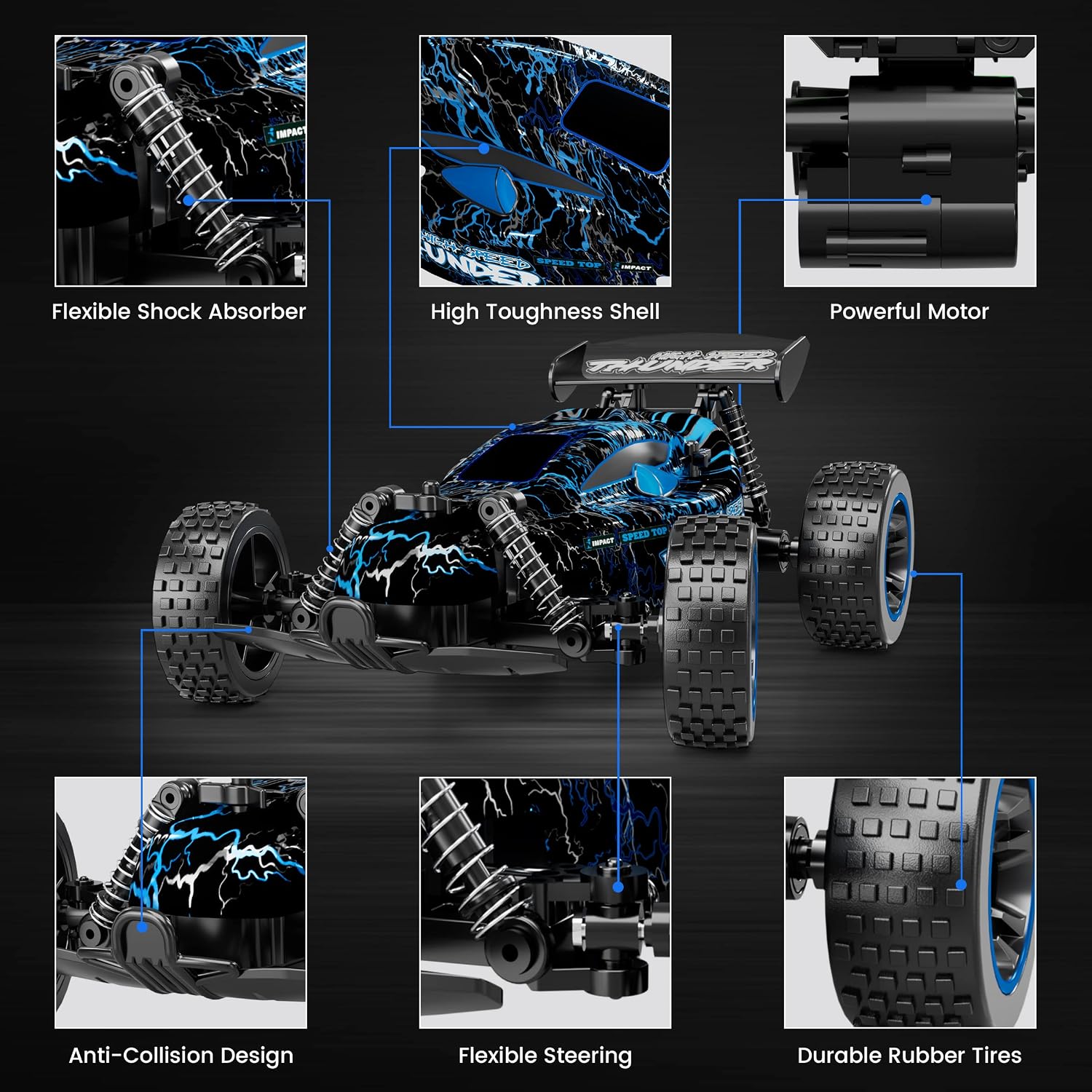 Detalle de Tecnock 1:18 Scale 2WD RC Car for Kids with LED Lights, 2.4GHz Remote & USB-C Charging
