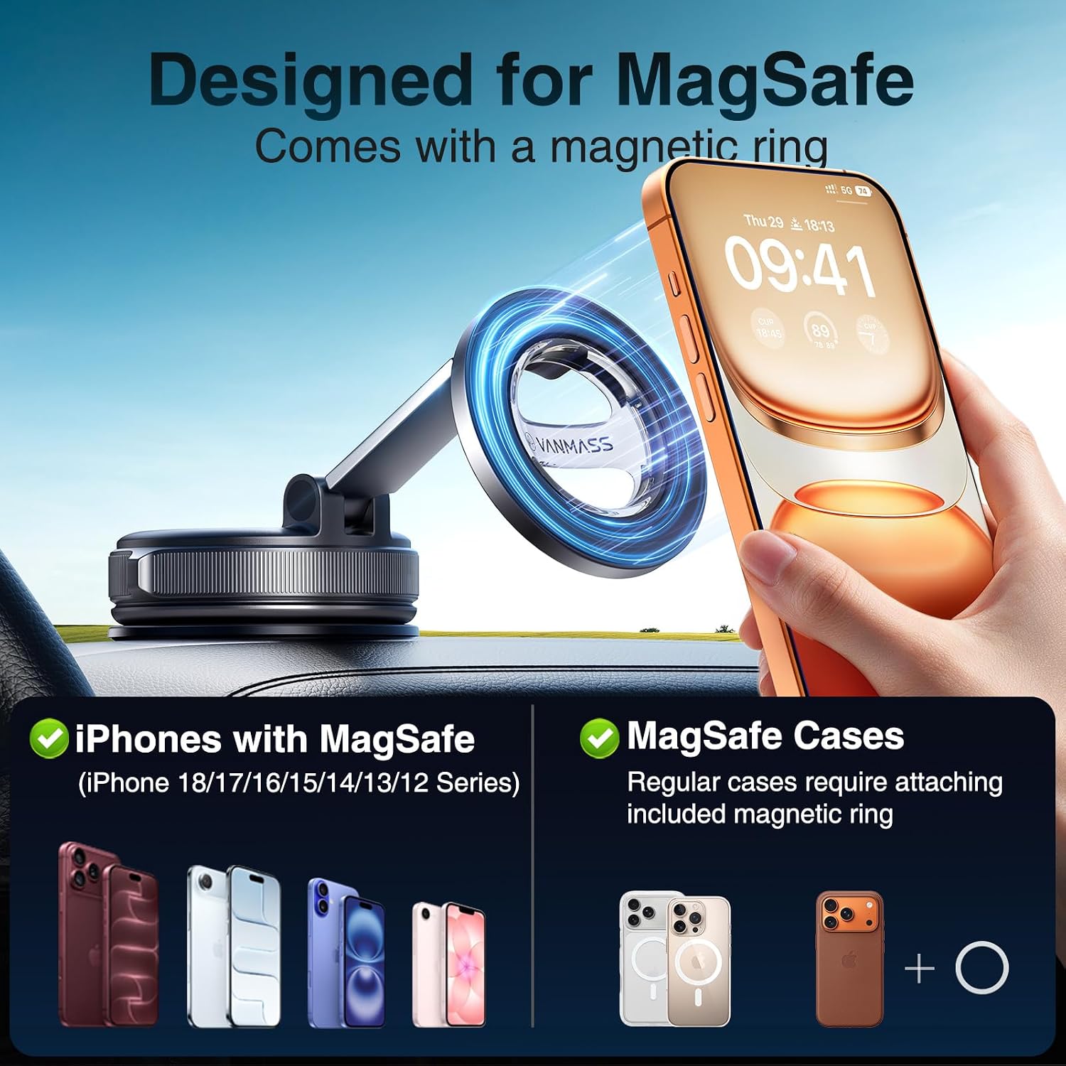 Detalle 1 de VANMASS MagSafe car phone mount with 360° rotation