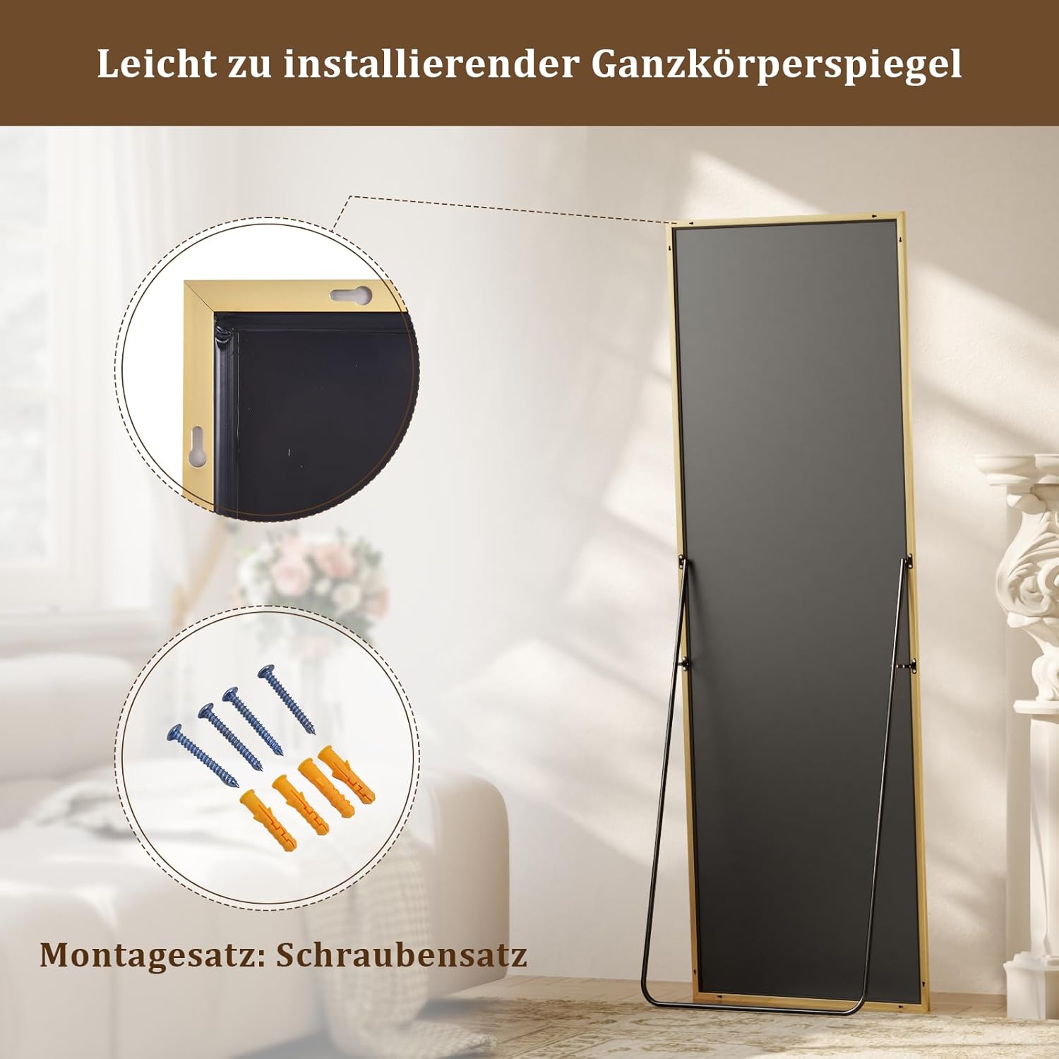 Thumbnail 5 de BEAUTYPEAK Ganzkörperspiegel 150x40 cm – Stand- oder Wandspiegel mit Aluminiumrahmen und verzerrungsfreier Reflexion