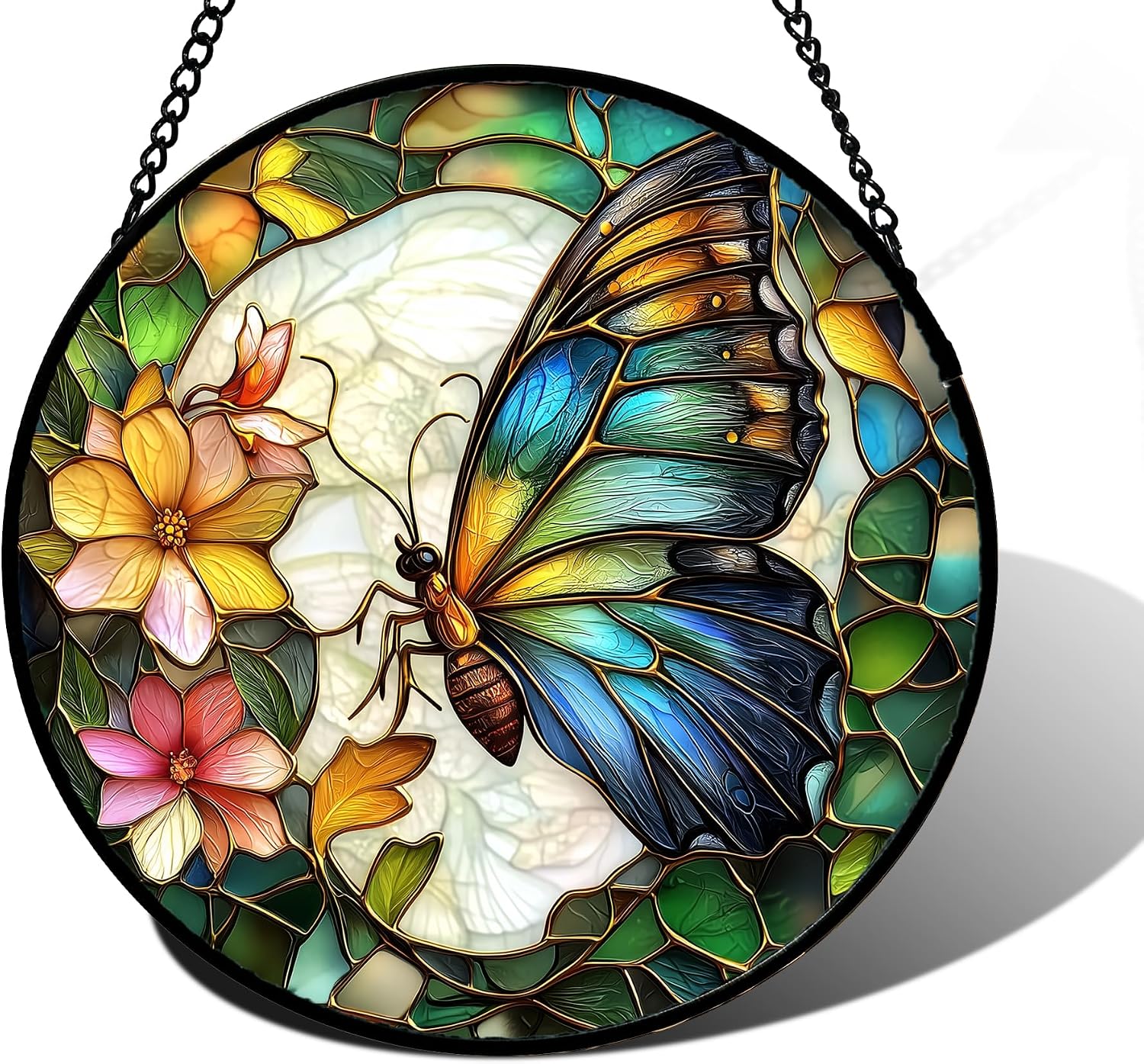 Detalle de DASTOLL Green Butterfly Flower Stained Glass Window Hanging Suncatcher, 7.8-Inch