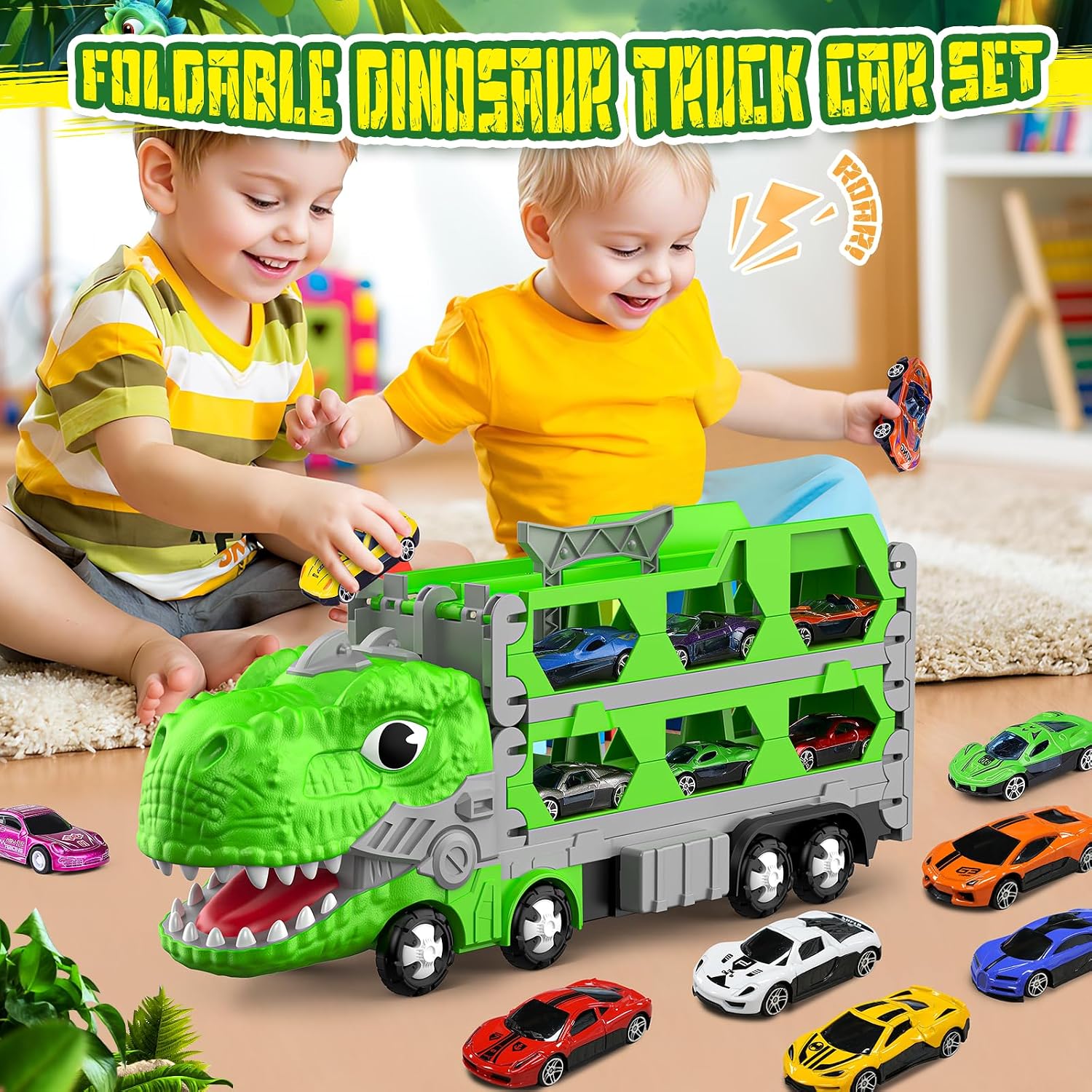 Detalle 2 de Dinosaur Transporter Truck Toy Set with 6 Mini Racing Cars and 1.7m Dino Track (age 3–7)
