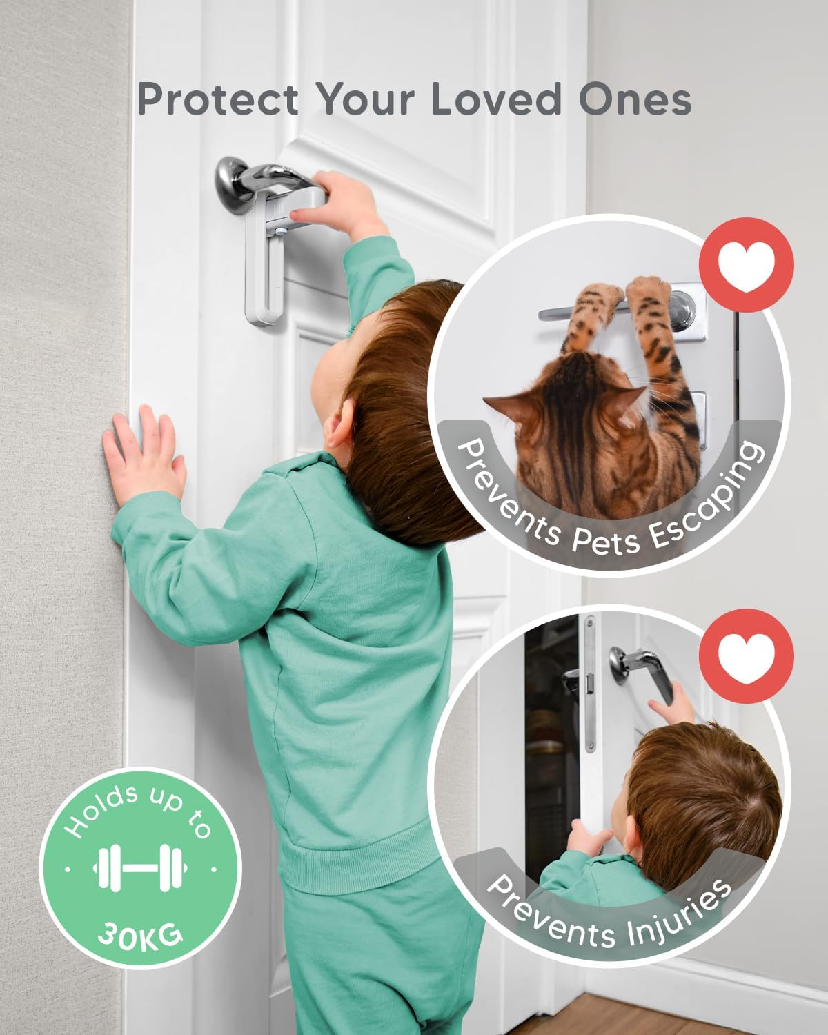 Detalle de AYCORN Door Lock Without Drilling Set – 2x Door Lever Locks & 2x Door Stoppers