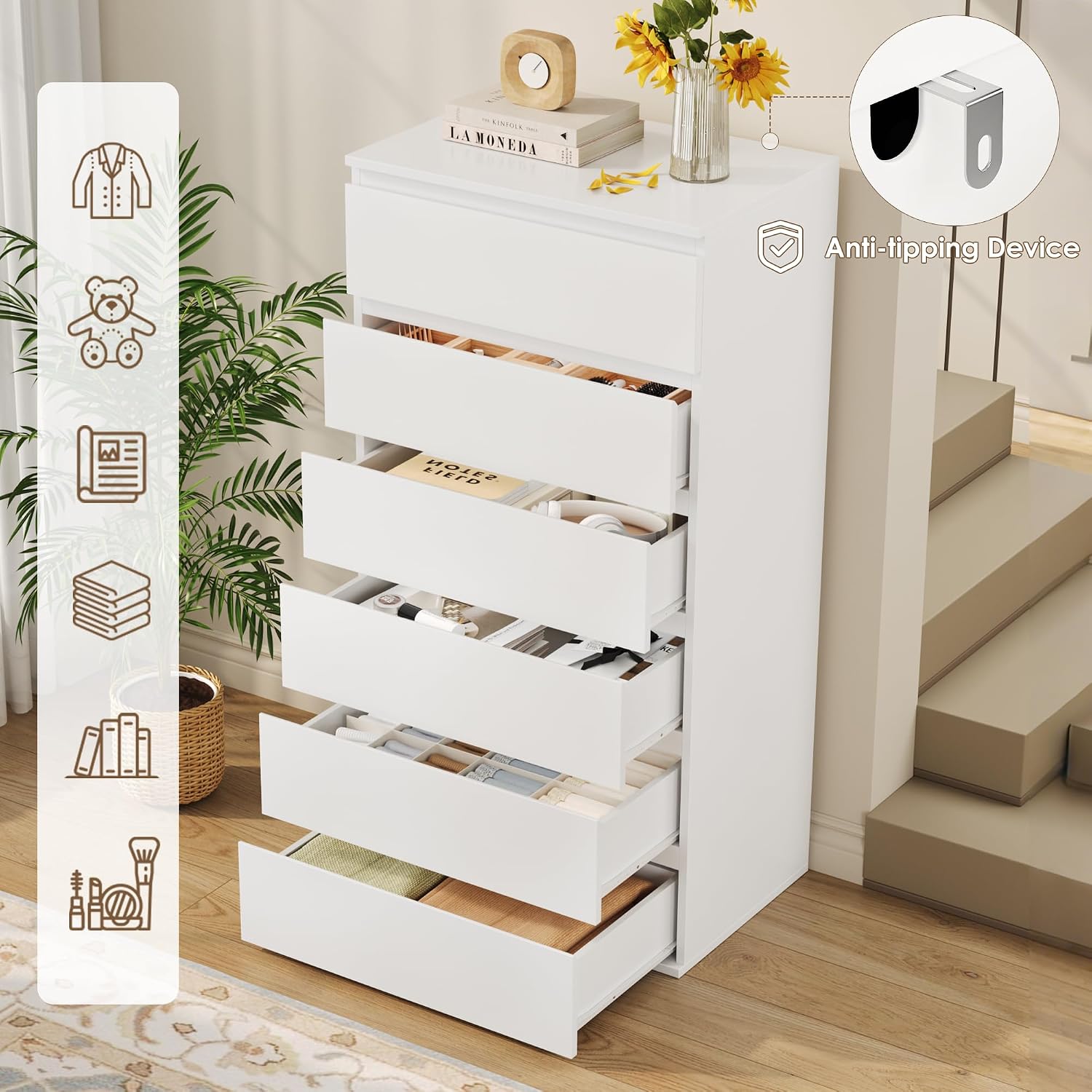 Thumbnail 6 de FOREHILL M281 Chest of Drawers, 6 Drawers, White, 119cm