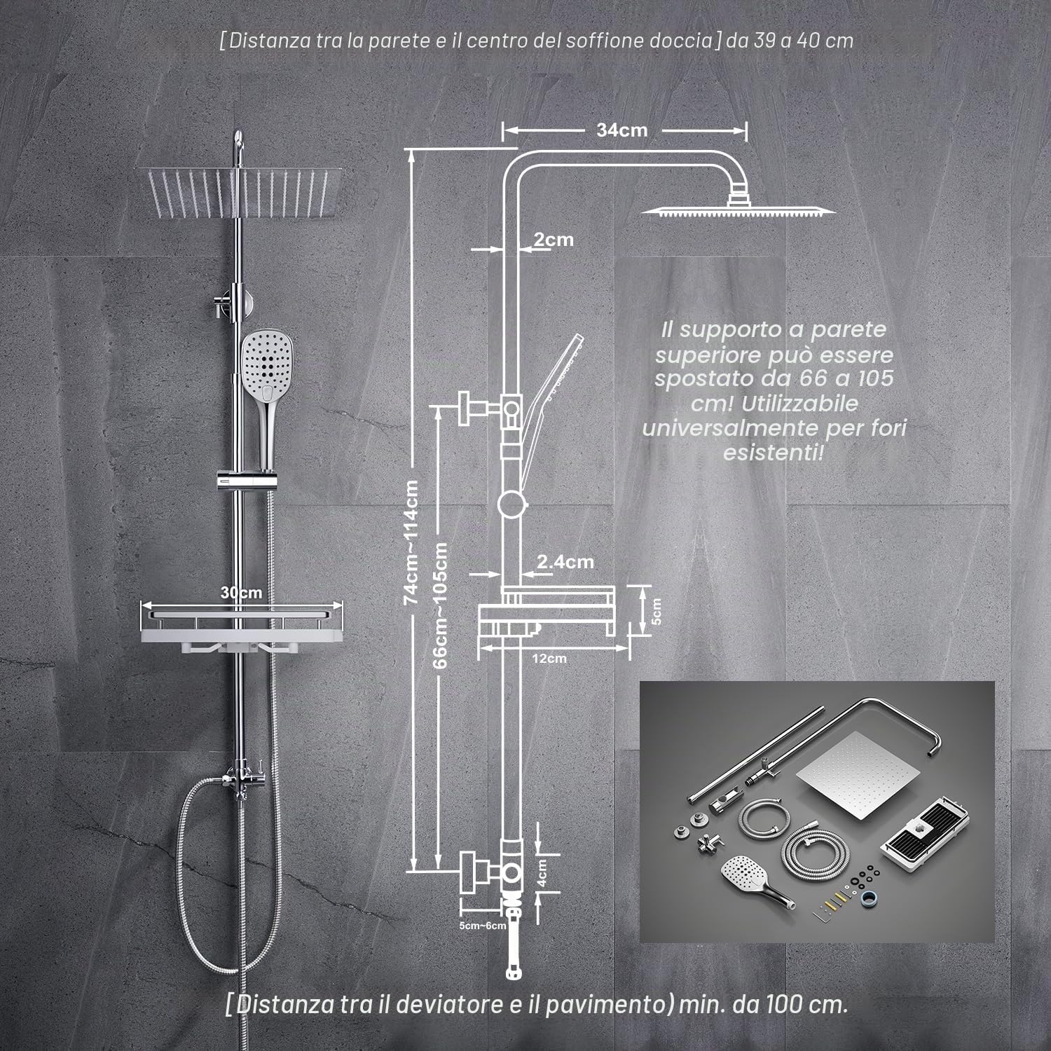 Detalle 2 de JOHO Colonna Doccia idromassaggio senza Miscelatore con Porta Oggetti in Acciaio INOX 304 e Mensola Regolabile