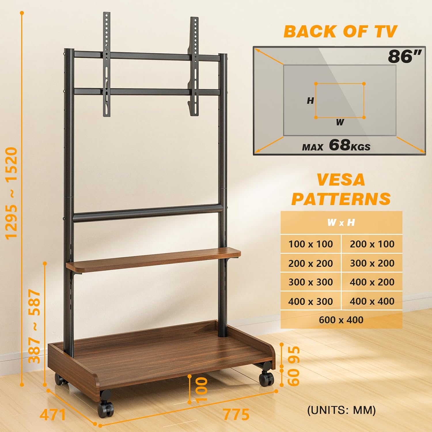 Thumbnail 6 de TVON Support TV sur pied roulant réglable (40 à 86 pouces) avec étagère et base en bois