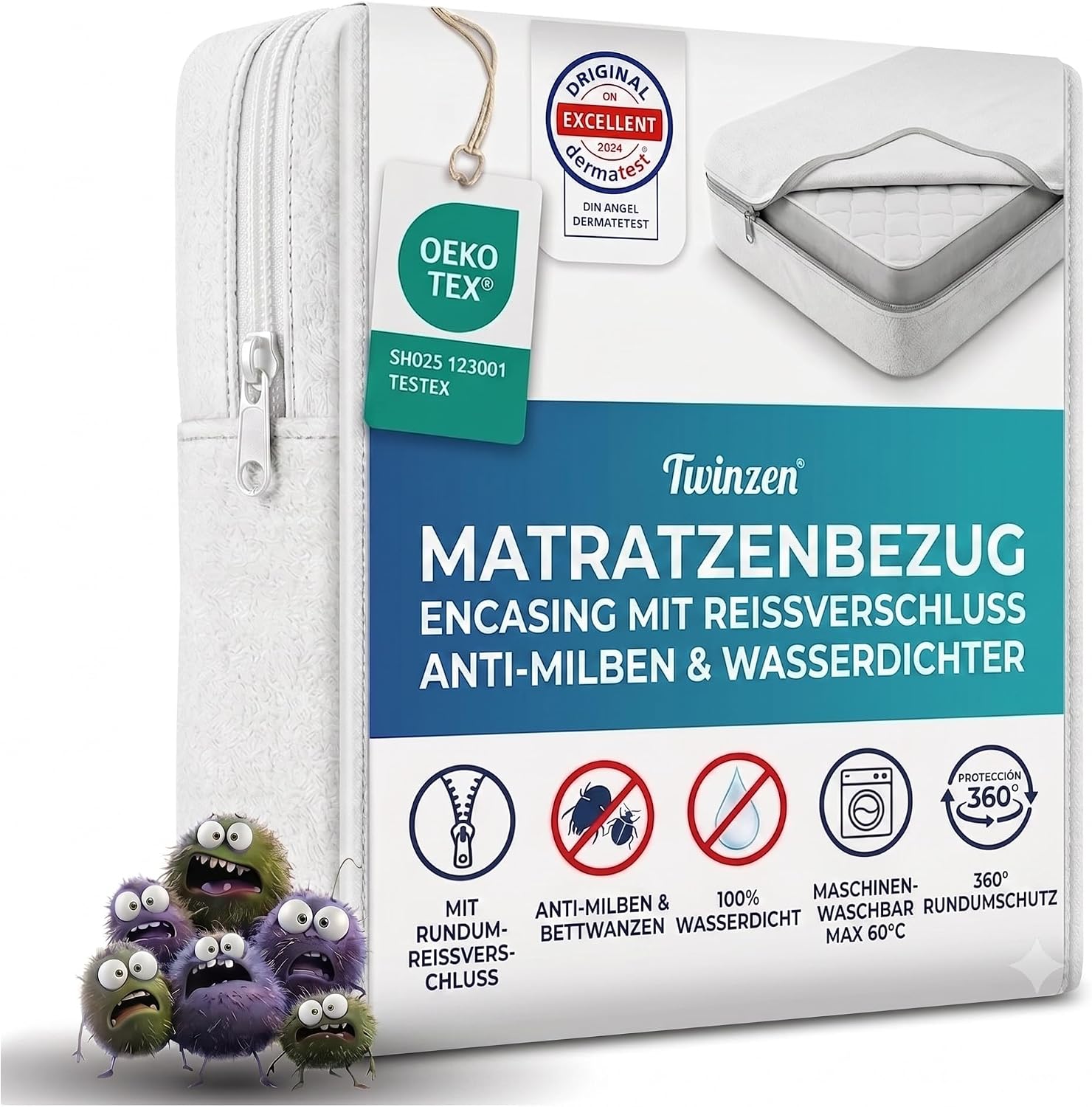 Twinzen Matratzencover 180x200x25 cm – Wasserdichter Matratzenschutz gegen Milben & Bettwanzen (Bi-Ome & Öko-Tex)
