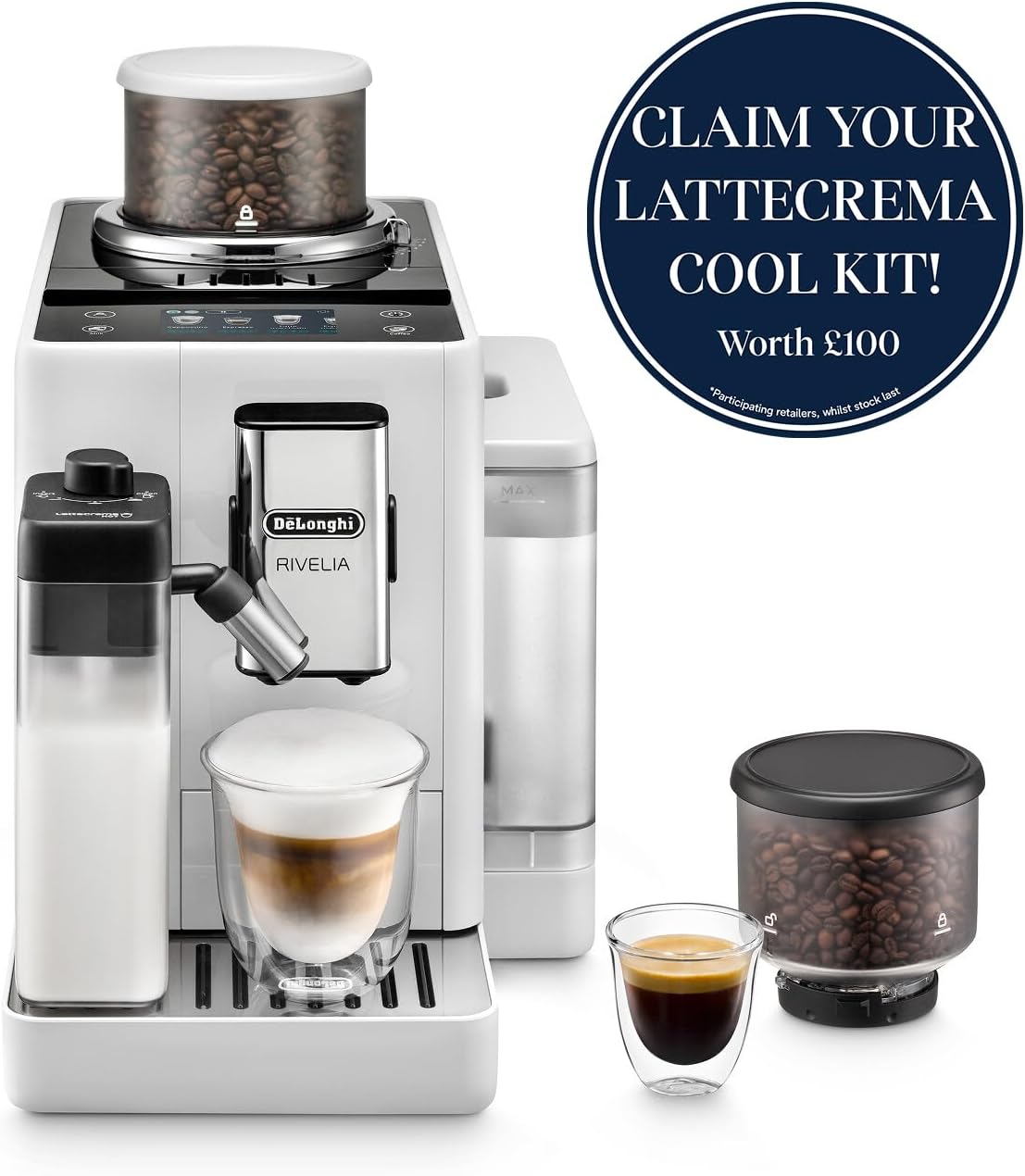 Detalle 2 de De'Longhi RIVELIA EXAM440.55.W: Fully Automatic Espresso Machine with LatteCrema, 22+ Beverages and Twin Bean Hoppers (UK edition)