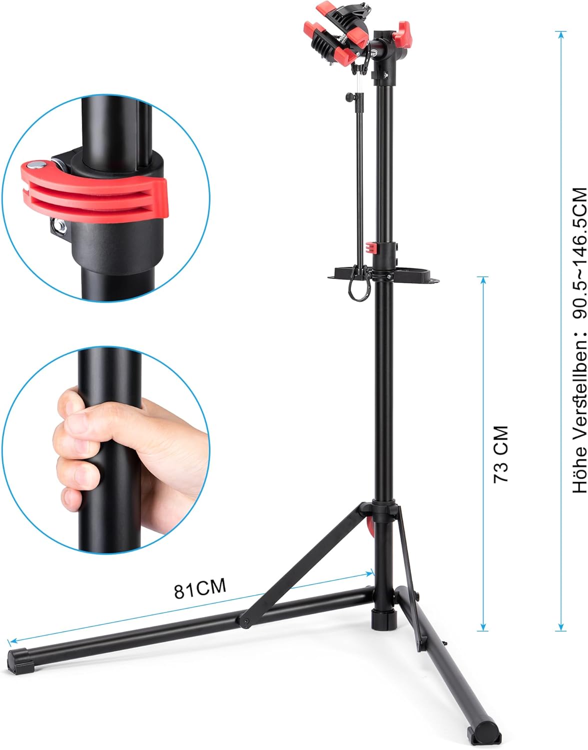 Detalle de CXWXC 30KG loading bicycle repair stand with 360° swivel clamp, magnetic tray and quick-release rod
