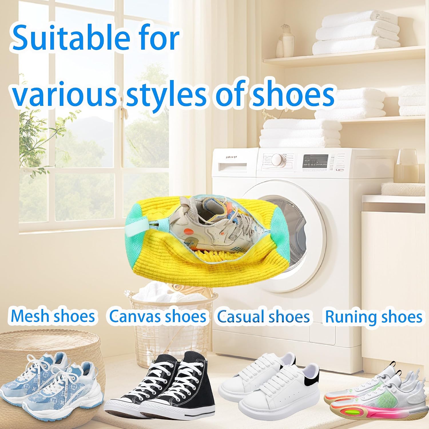 Detalle 2 de Shoe Washing Machine Bag Trainer Shoe Bag Laundry with Zips 360° Cleaning (Yellow, 2 Pack)