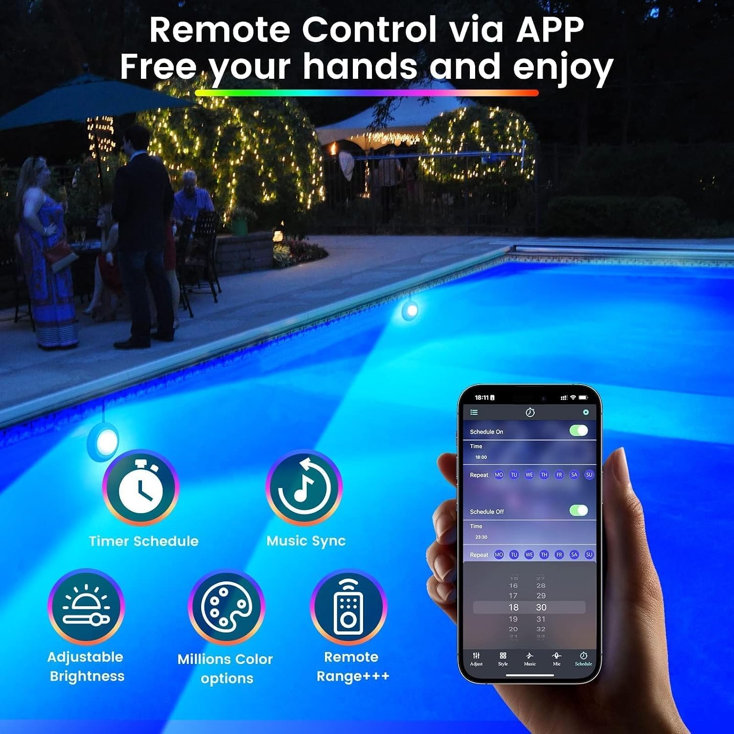 Detalle de LyLmLe projecteur piscine LED 10W 12V avec aimant, pilotage via appli et synchronisation musique (IP68, câble 8 m)