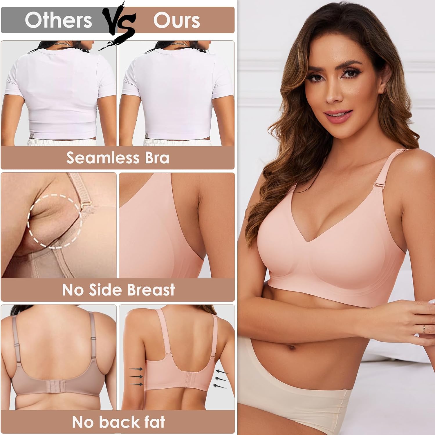 Detalle de TOMEEK Soutien-gorge femme sans armature sans couture push up invisible en élastomère doux, décolleté en V