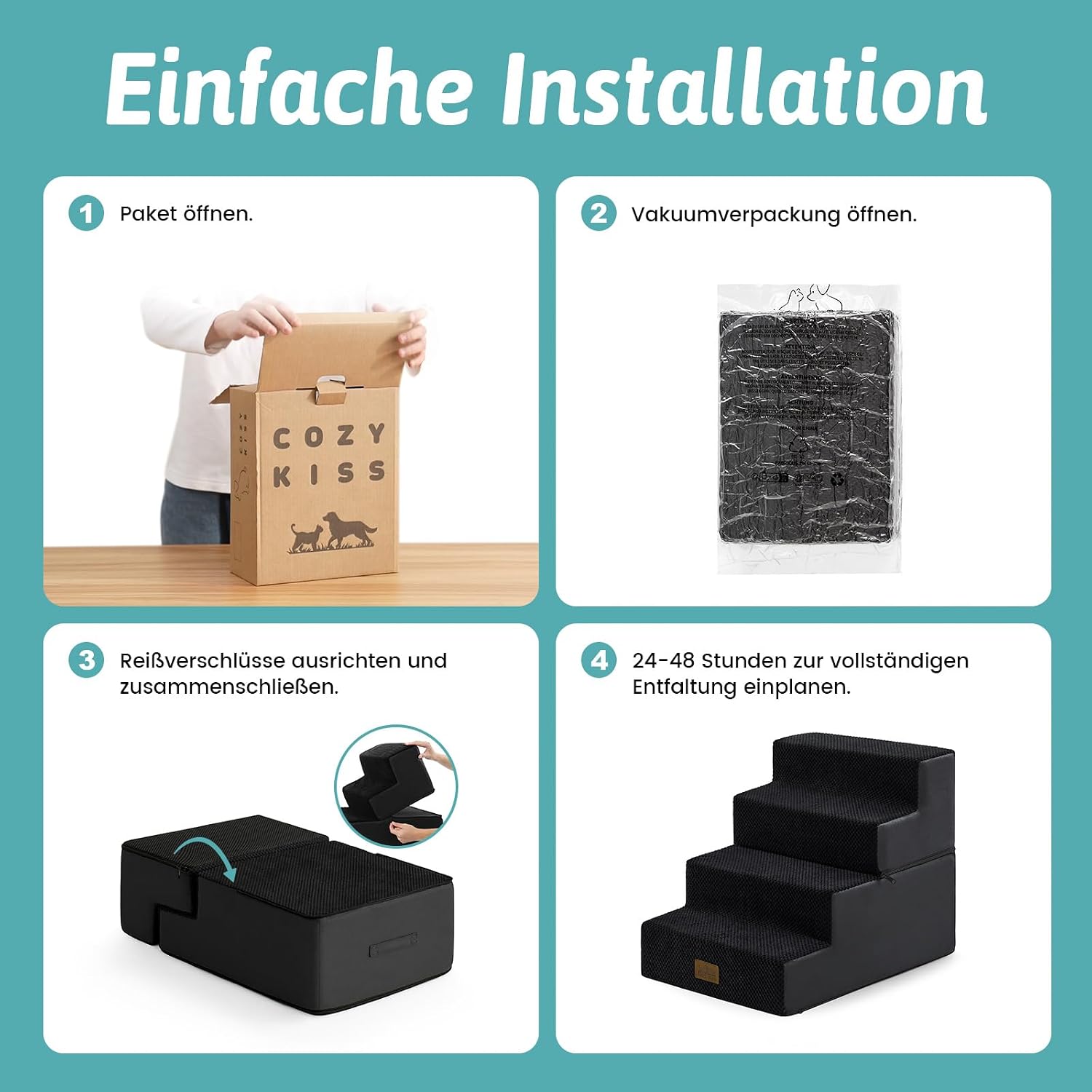 Thumbnail 6 de Hundetreppe 4 Stufen 45 cm Hoch – 2-in-1 Rampe für Hunde & Katzen, faltbar, 40x60x45 cm, Schwarz