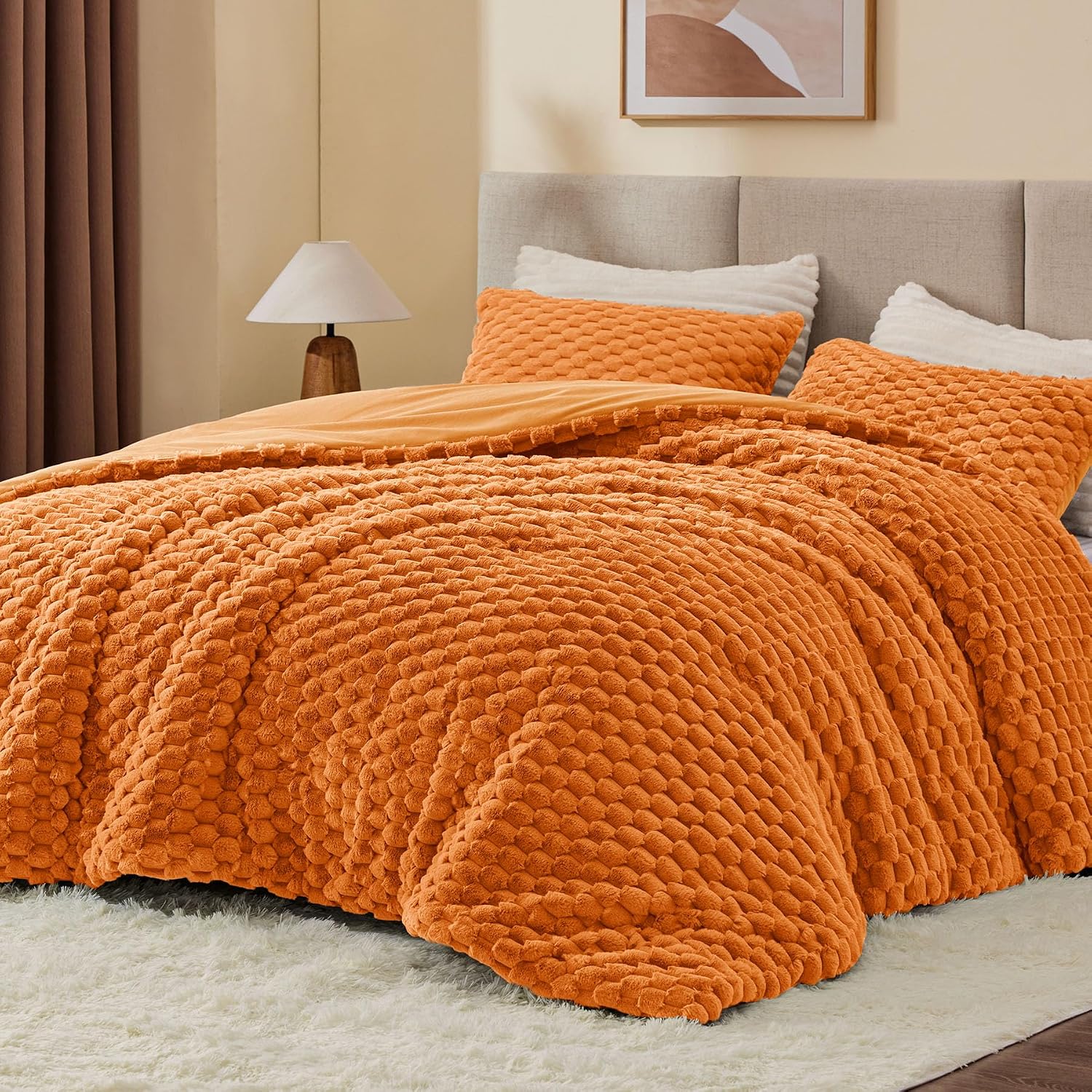 Detalle de BEDELITE Fluffy Full Comforter Set, Burnt Orange Fleece, 3 Pieces