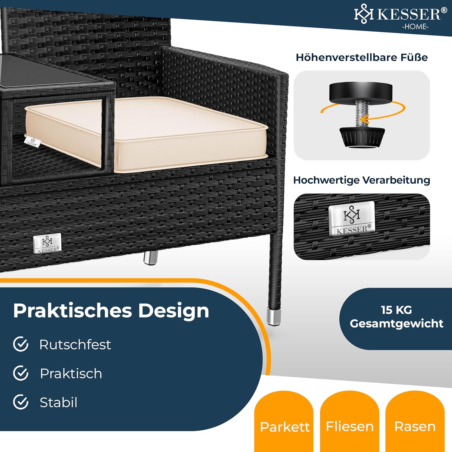 Thumbnail 4 de KESSER Polyrattan Gartenbank mit Tisch (2 Sitzer), 143x63x88 cm – wetterfest für Garten & Balkon in Schwarz