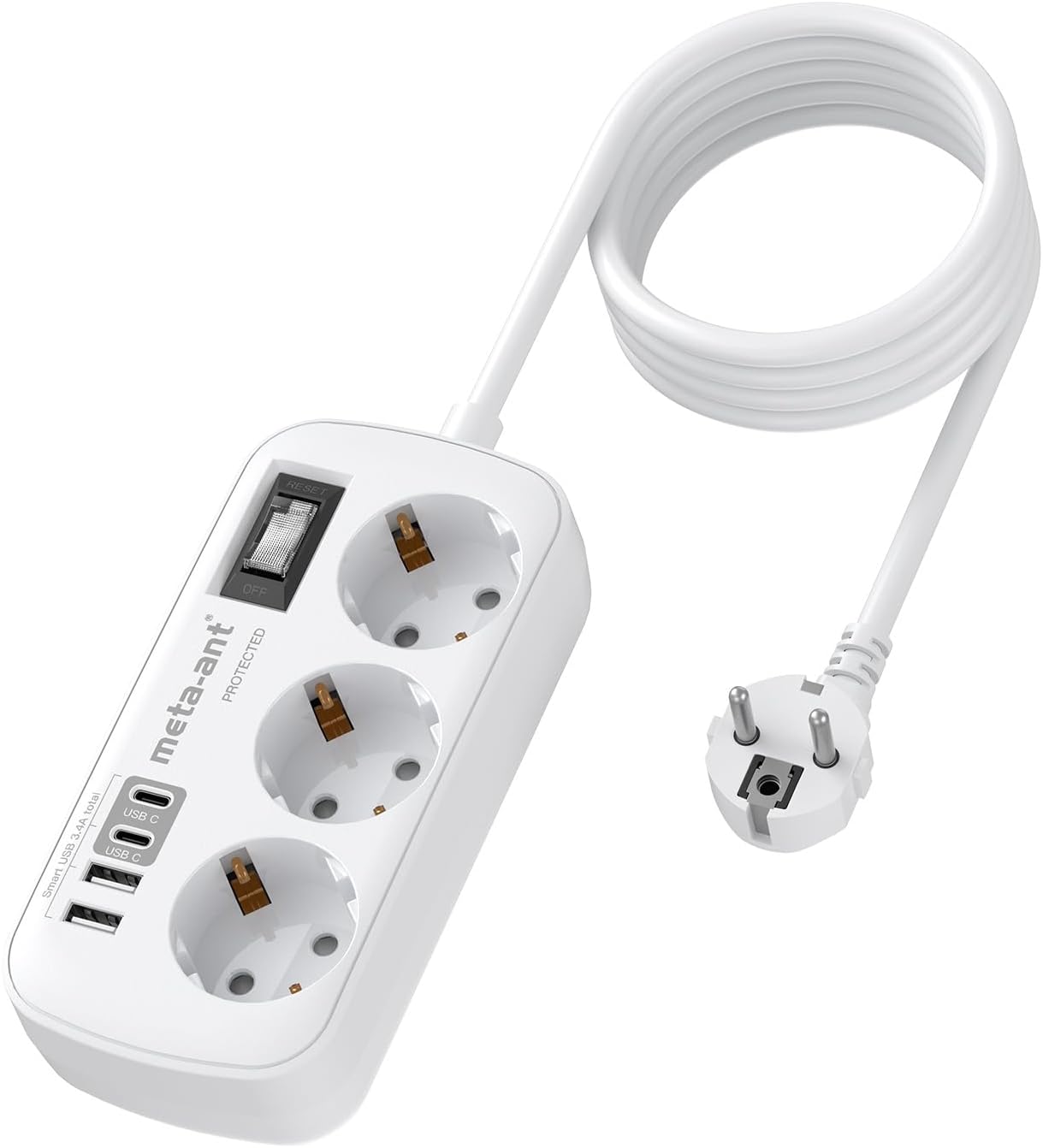 Detalle de Steckdosenleiste mit USB 3.4A (17W) – 3 Steckdosen, 4 USB-Anschlüsse (2x USB-C) | 1,5 m Kabel, Überspannungsschutz 750J, Wandmontage, Weiß
