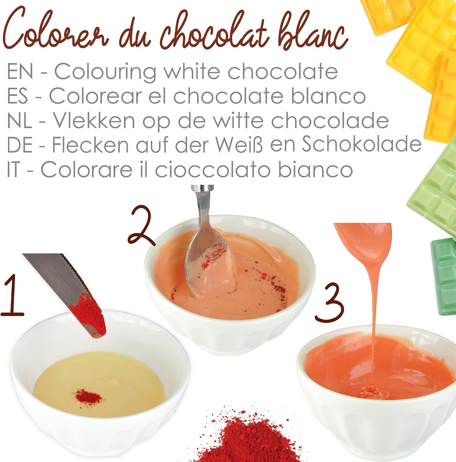 Detalle de ScrapCooking Color’ Choco Rouge, Bleu & Jaune – 3 colorants liposolubles en poudre pour chocolat