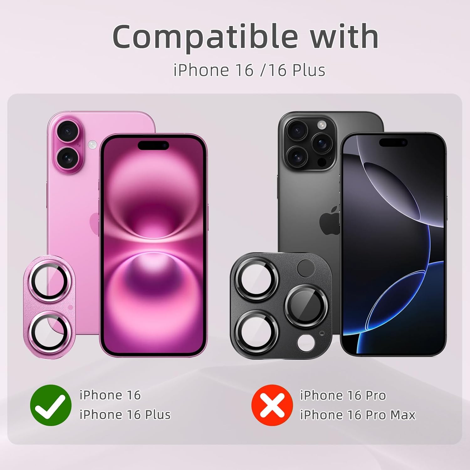 Detalle de SumRioo Kameraschutz für iPhone 16/16 Plus – Kamera-Panzerglasfolie aus Aluminiumlegierung, 9H Härte, rosa