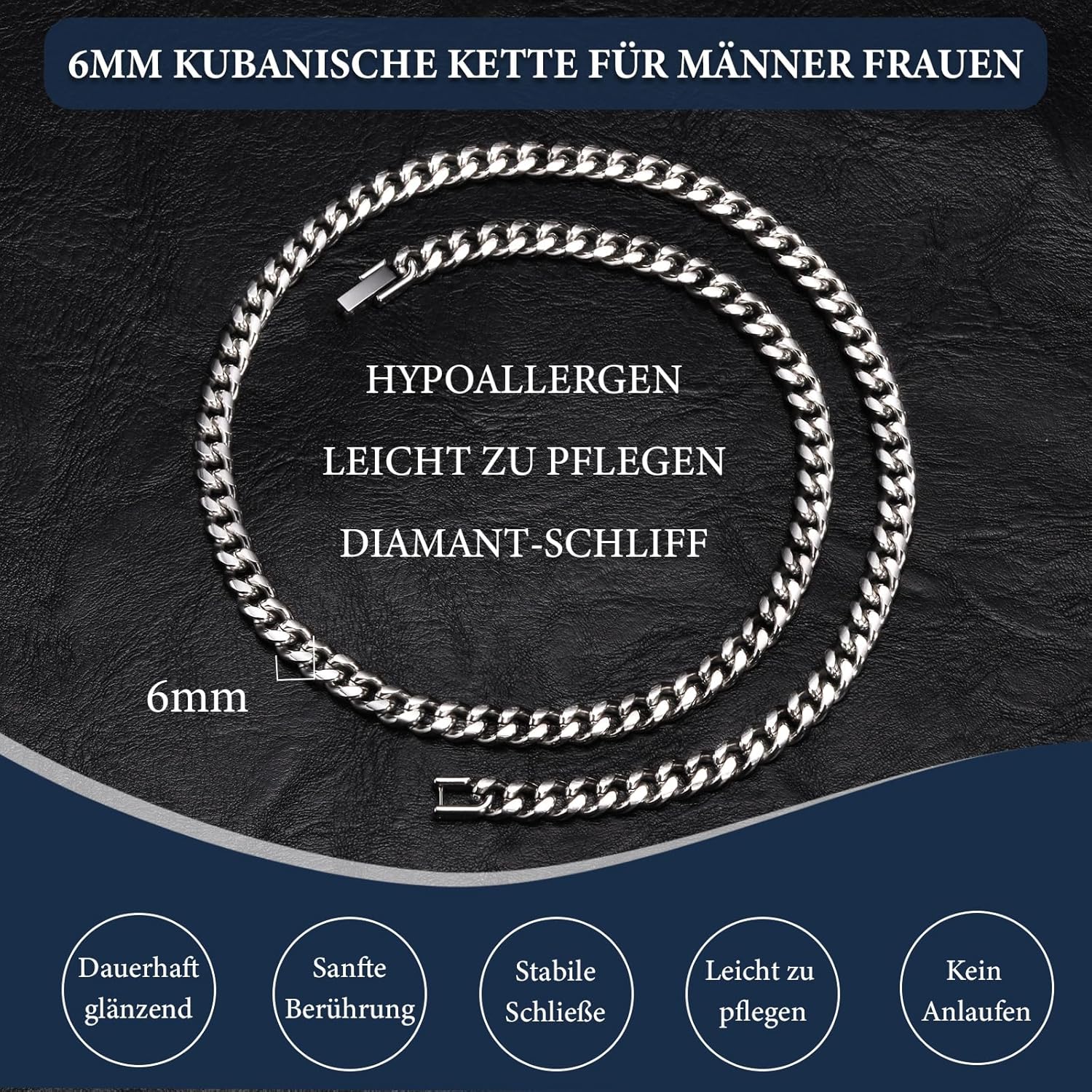 Thumbnail 3 de Sohn Geschenke Halskette Herren Silber – Kuba/Edelstahlkette mit 316L, 6 mm Breite, 50 cm