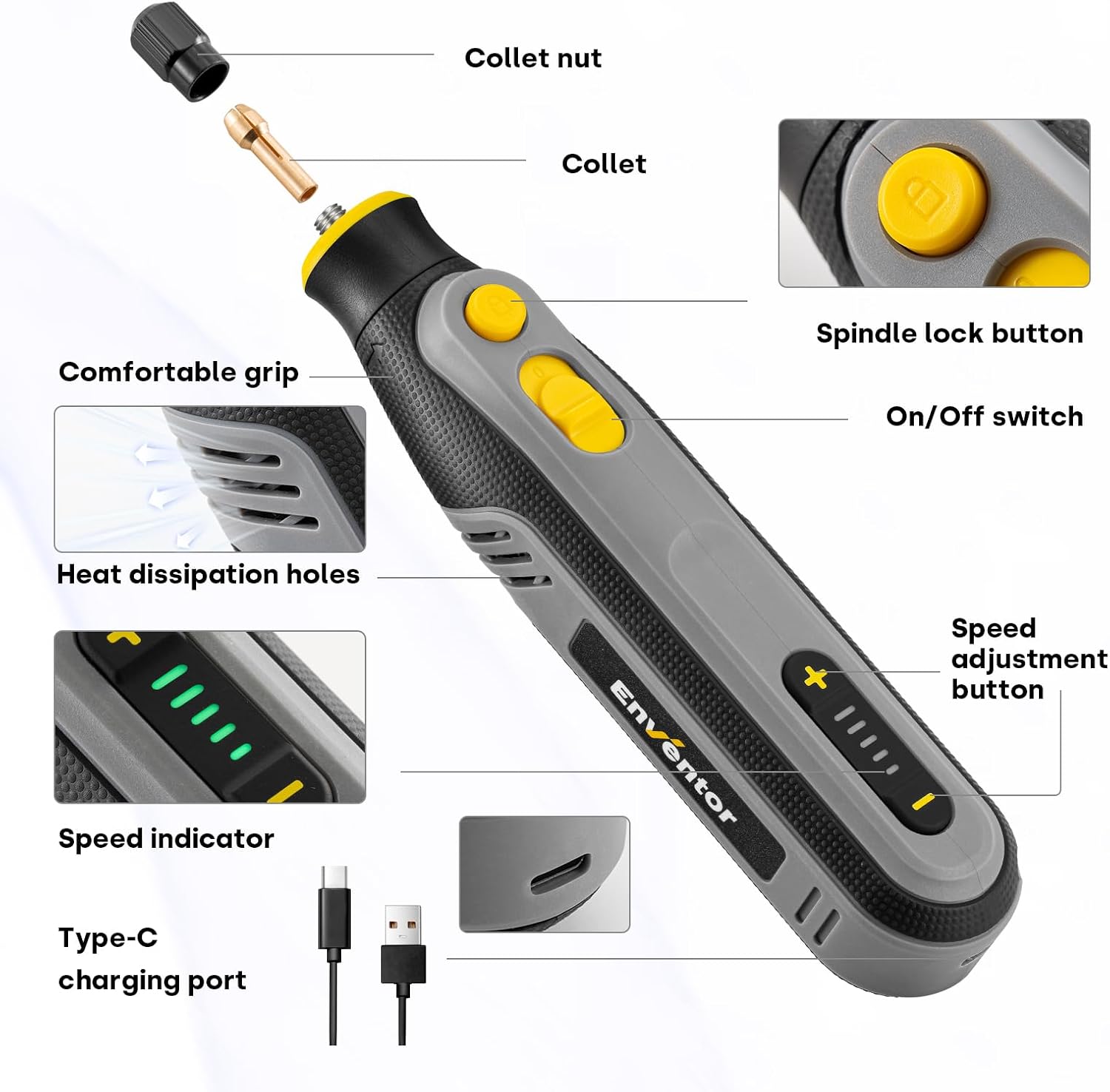 Detalle 2 de Enventor Q0M-DC-4M mini-draaigereedschap, 4 V, 5 snelheden en 105 accessoires