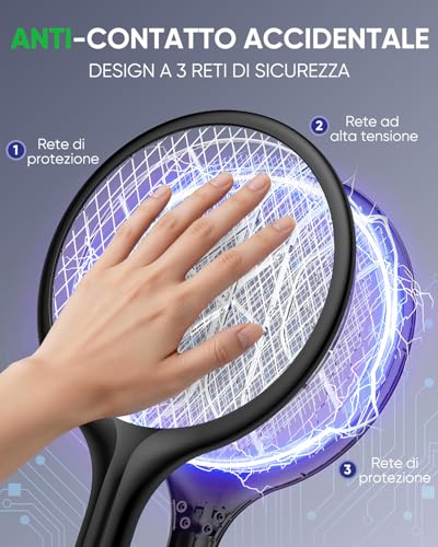 Detalle de VIWAVE Scacciamosche elettrico extra forte da 4000 V 2-in-1 con luce UV, batteria 1800 mAh e supporto – nero