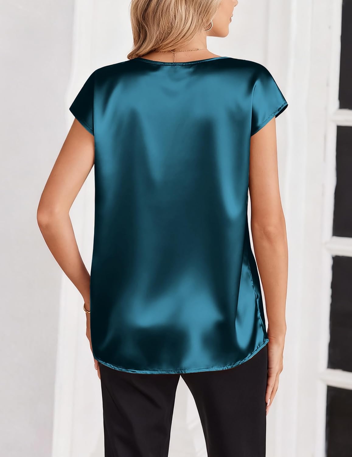 Detalle de Zeagoo Women’s Silk Satin Cap Sleeve V-Neck Top (Short Sleeve Blouse) for Business Casual, S–2XL