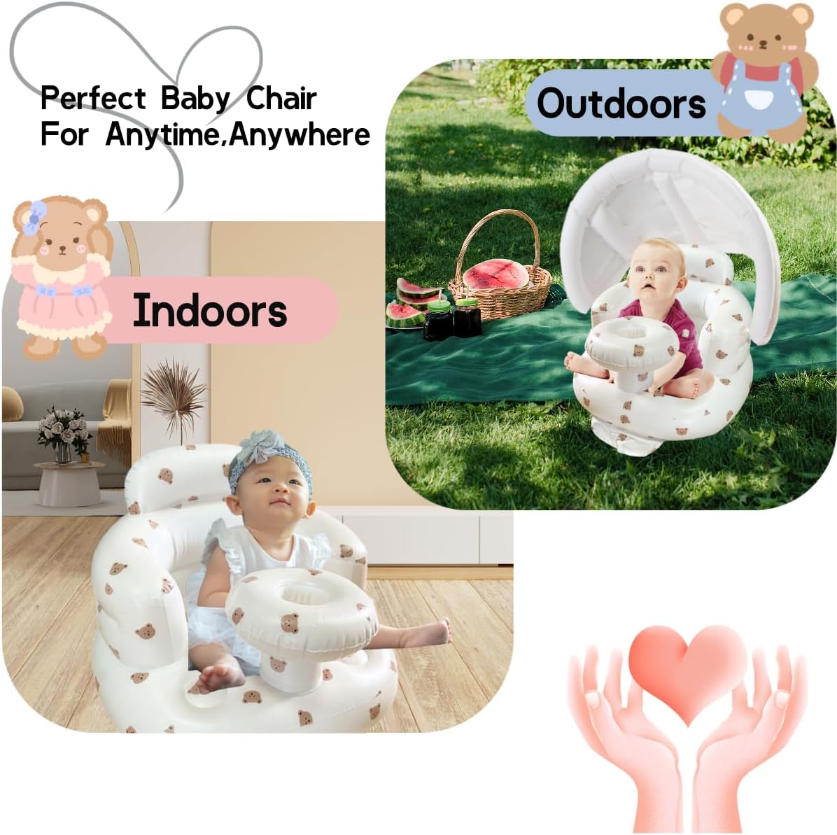 Thumbnail 2 de Seggiolino gonfiabile per bambini 4–24 mesi con pompa integrata e supporto schiena (Orso + baldacchino)