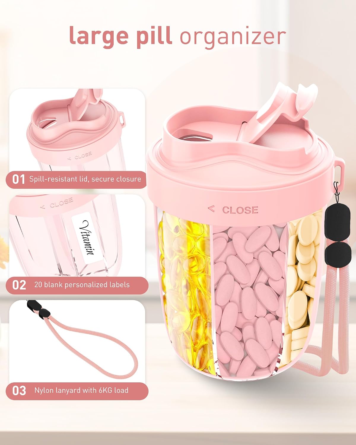 Thumbnail 6 de MEI NIAN 7-Compartment Pill Organizer, Pink, with Wide Openings and 20 Labels
