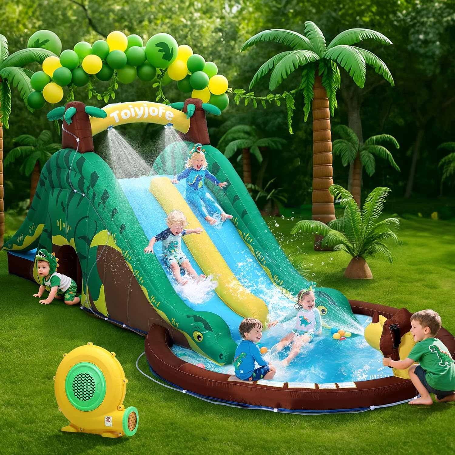 Detalle de Dinosaur Water Slide Bounce House with Dual Slides & Splash Pool — 7-in-1 Backyard Water Park
