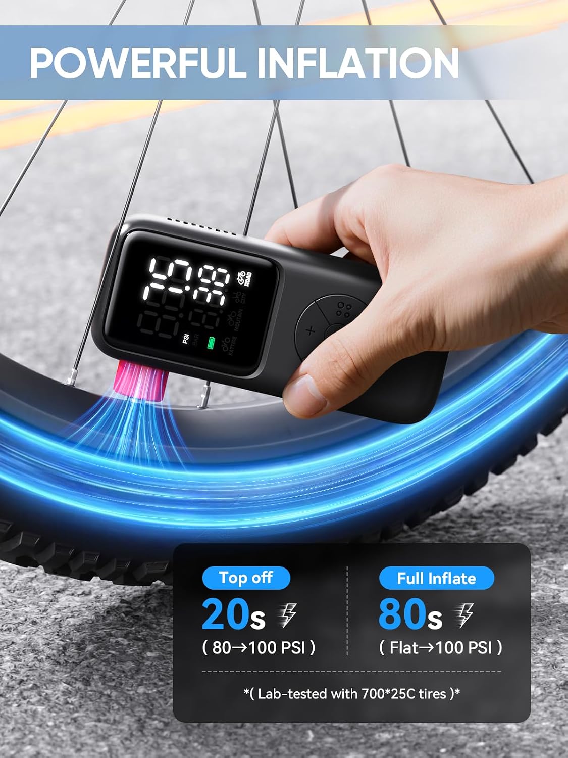 Thumbnail 5 de GPUTEK mini-elektrische fietspomp tot 120 PSI met digitale manometer en 5 modi