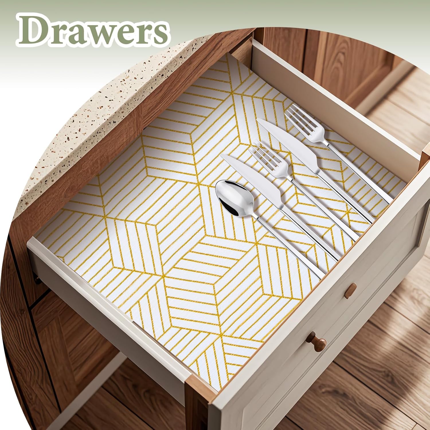 Thumbnail 4 de Shelf Liners for Kitchen Cabinets (12in x 20FT) Non-Adhesive Non-Slip Gold Geometric Liner