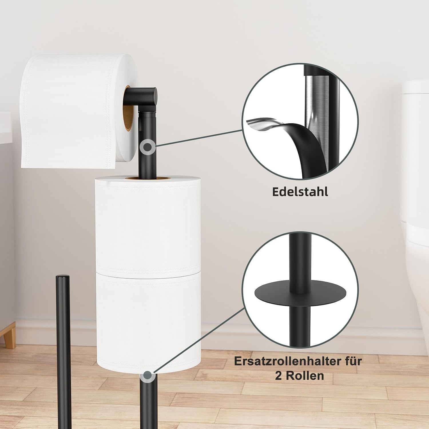 Thumbnail 2 de Susswiff Piantana portarotolo e scopino WC in acciaio inox Nero, con base stabile e supporto per 2 rotoli