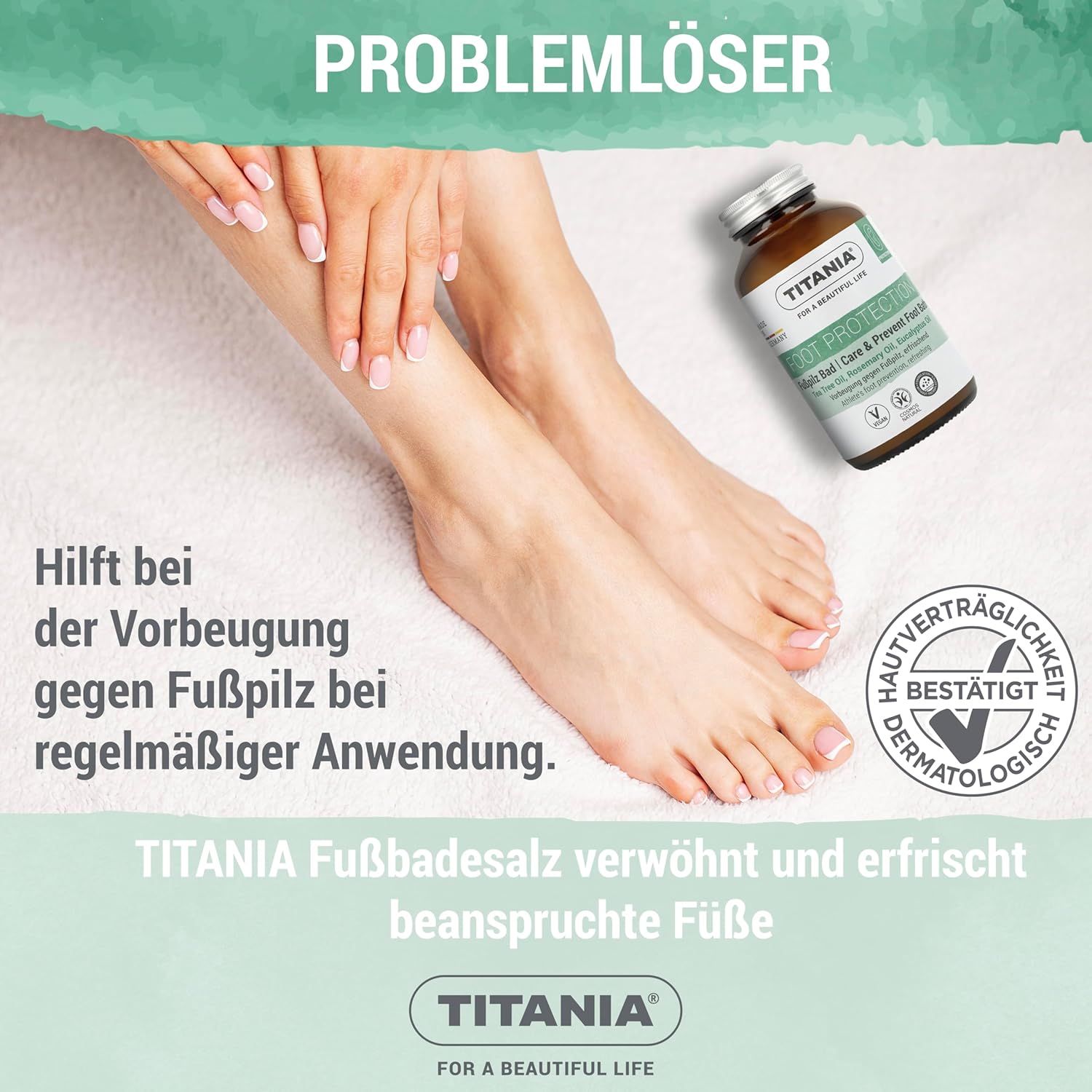Detalle de TITANIA Fußbadesalz 325 g mit Teebaumöl – natürliche Fußpflege gegen Fußpilzprävention