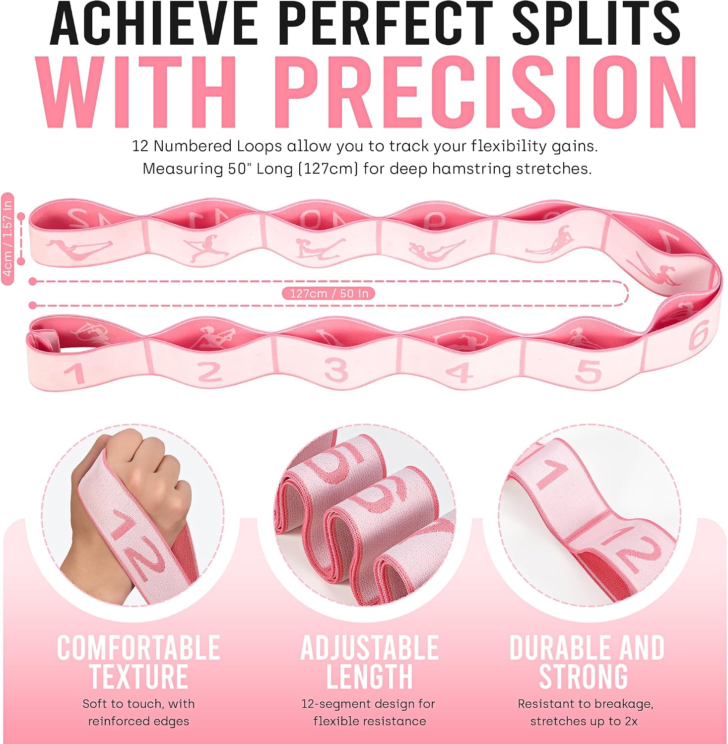 Detalle de GHCTFE Stretch Bands for Exercise, 12-Loop Numbered Yoga Strap, Pink