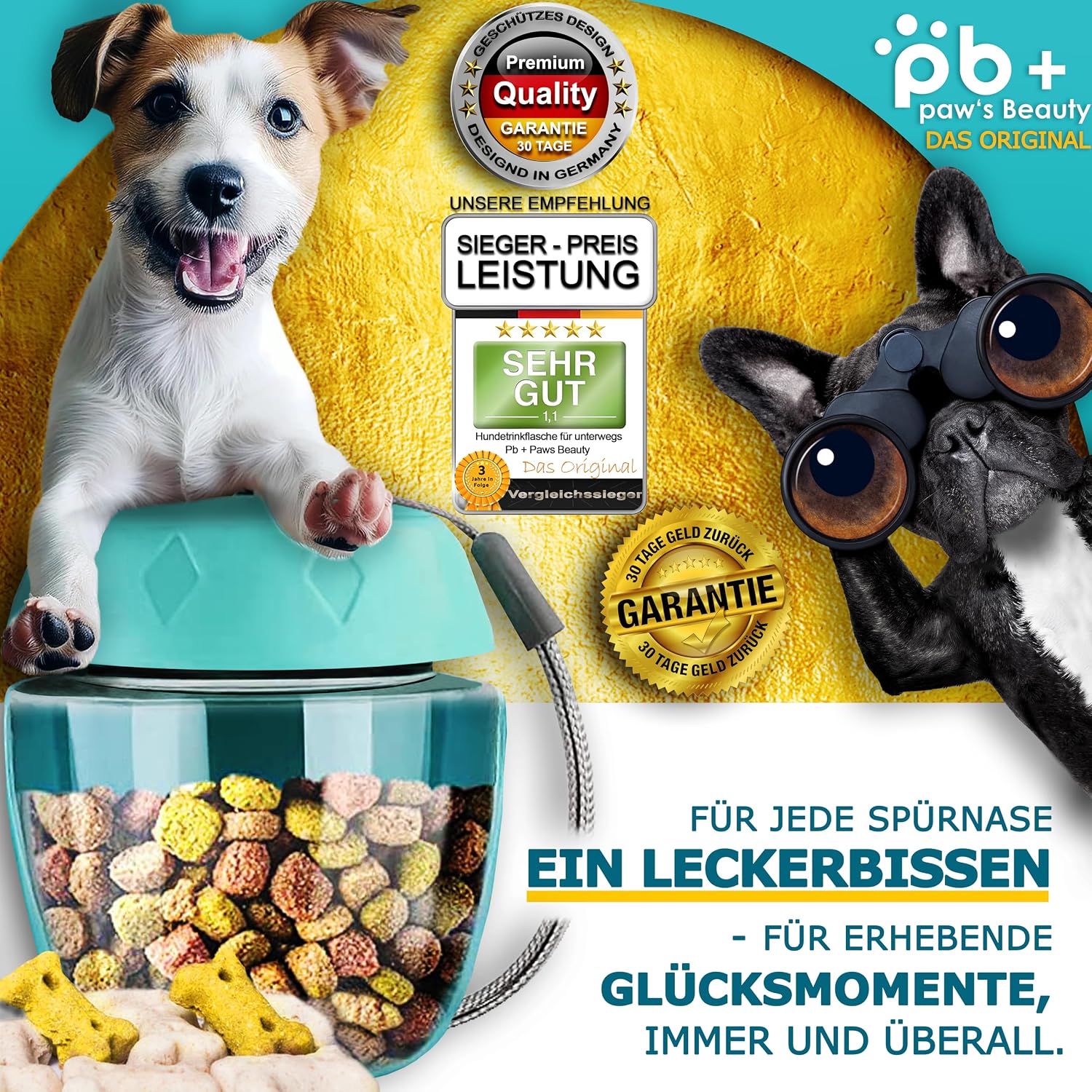 Detalle 2 de Paws Elegance 550ml - Türkis hondendrinkfles met voerhouder, BPA-vrij