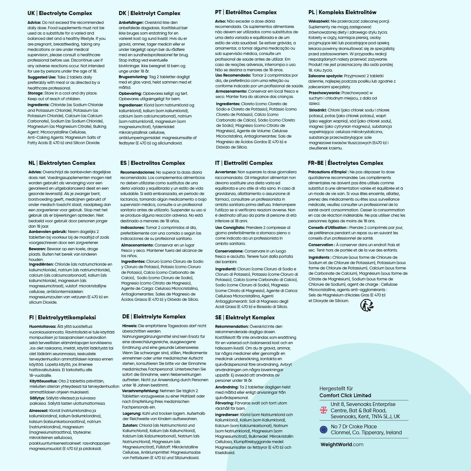 Detalle de WeightWorld Elektrolyte Tabletten mit Magnesium, Kalzium, Kalium & Natrium – 180 vegane Tabletten