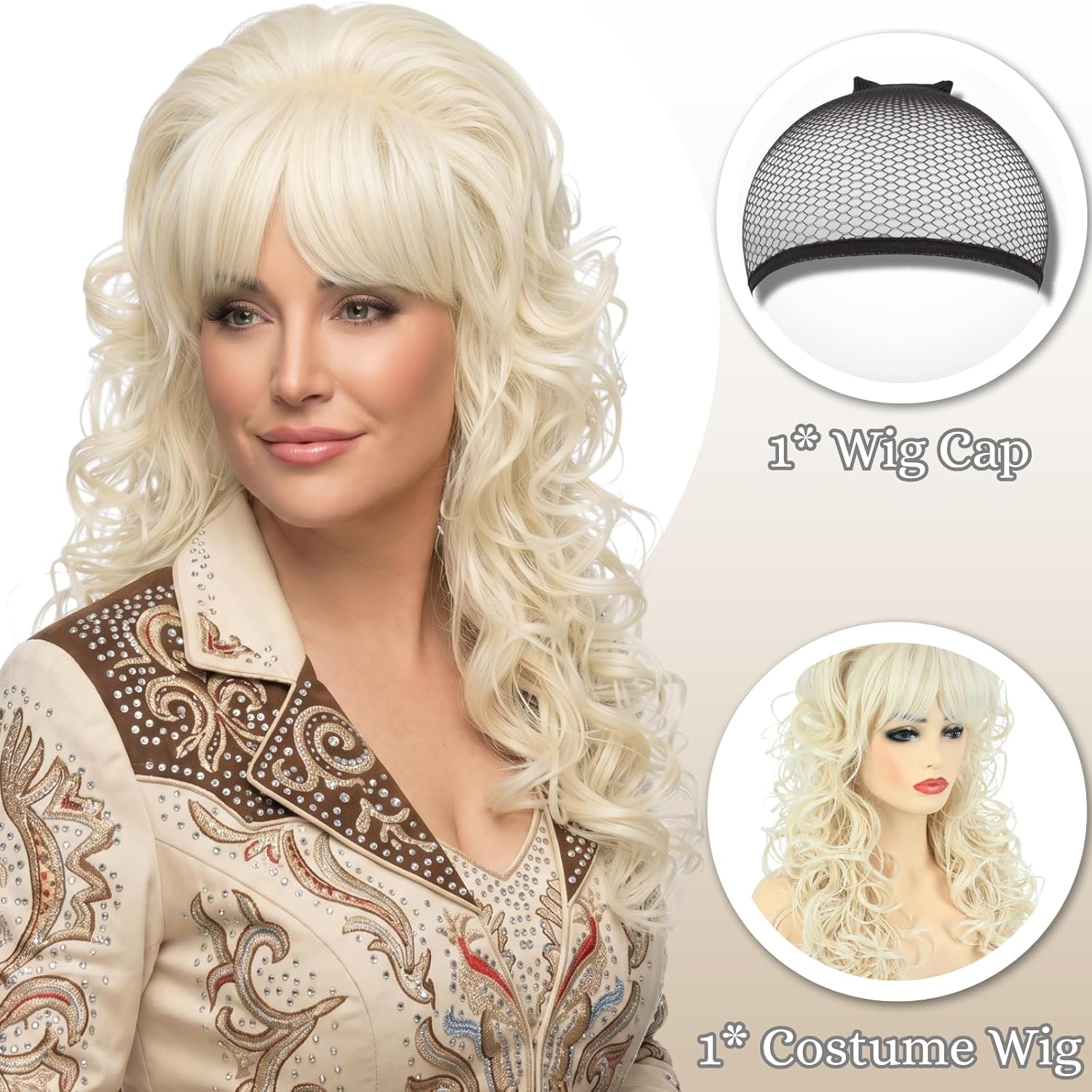 Detalle de PUREHAIR Long Blonde Curly Costume Wig with Bangs, 24-Inch Wavy Hair