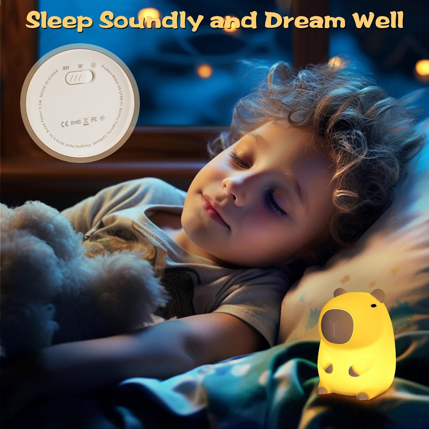 Detalle de Wudyfei Capybara Night Light – Cute Silicone Capybara Lamp with Timers and Dimmable LED