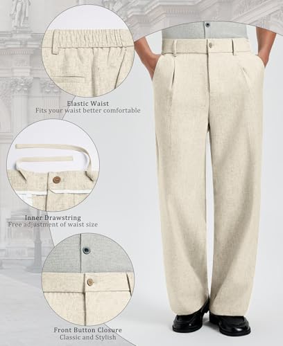 Thumbnail 4 de FEDTOSING Mens Baggy Casual Dress Trousers with Elastic Waist – Apricot Linen Wide Leg Trousers for Men