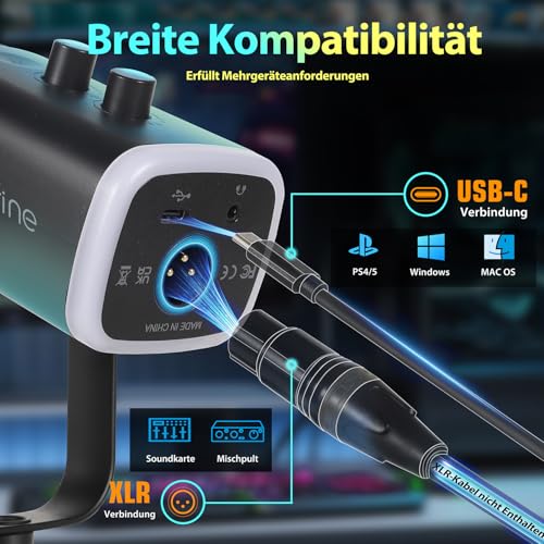 Detalle de FIFINE XLR Gaming Mikrofon – USB/XLR, Stummschalttaste, RGB-Lichtring für Streaming, Podcast & Studio