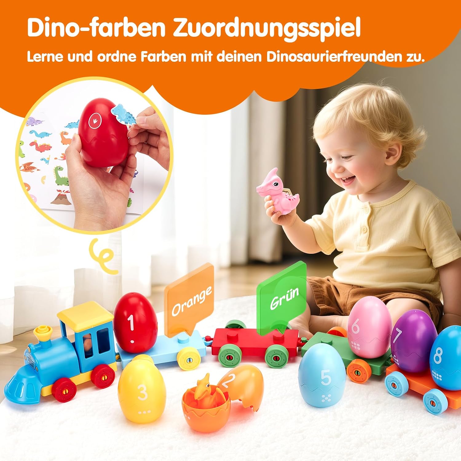 Detalle de Hahaland Dinosaurier Montessori Spielzeug 2 Jahre – Zug, Eier, Fingerpuppen & Sticker