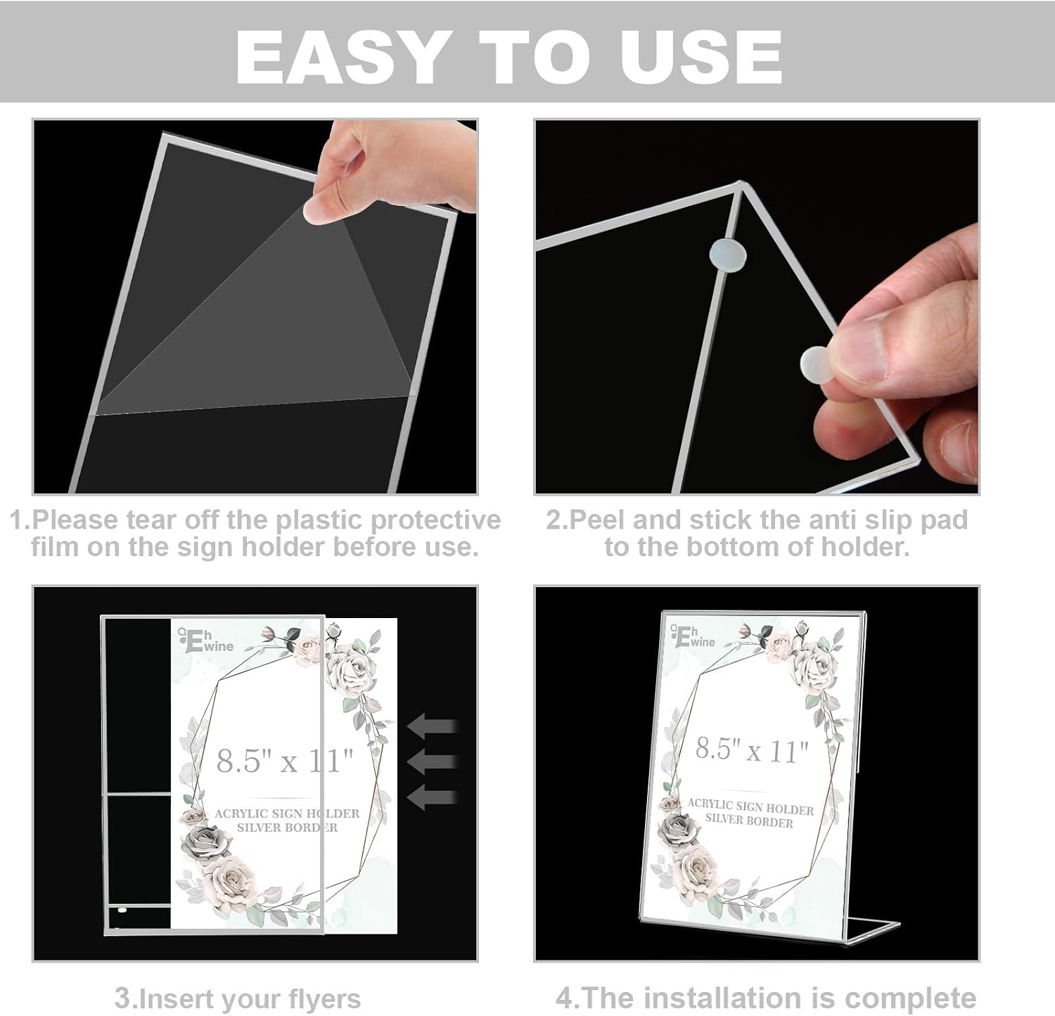 Detalle de EHWINE 1108OSH24S12E Acrylic Sign Holders, 8.5 x 11, Silver, 12 Pack