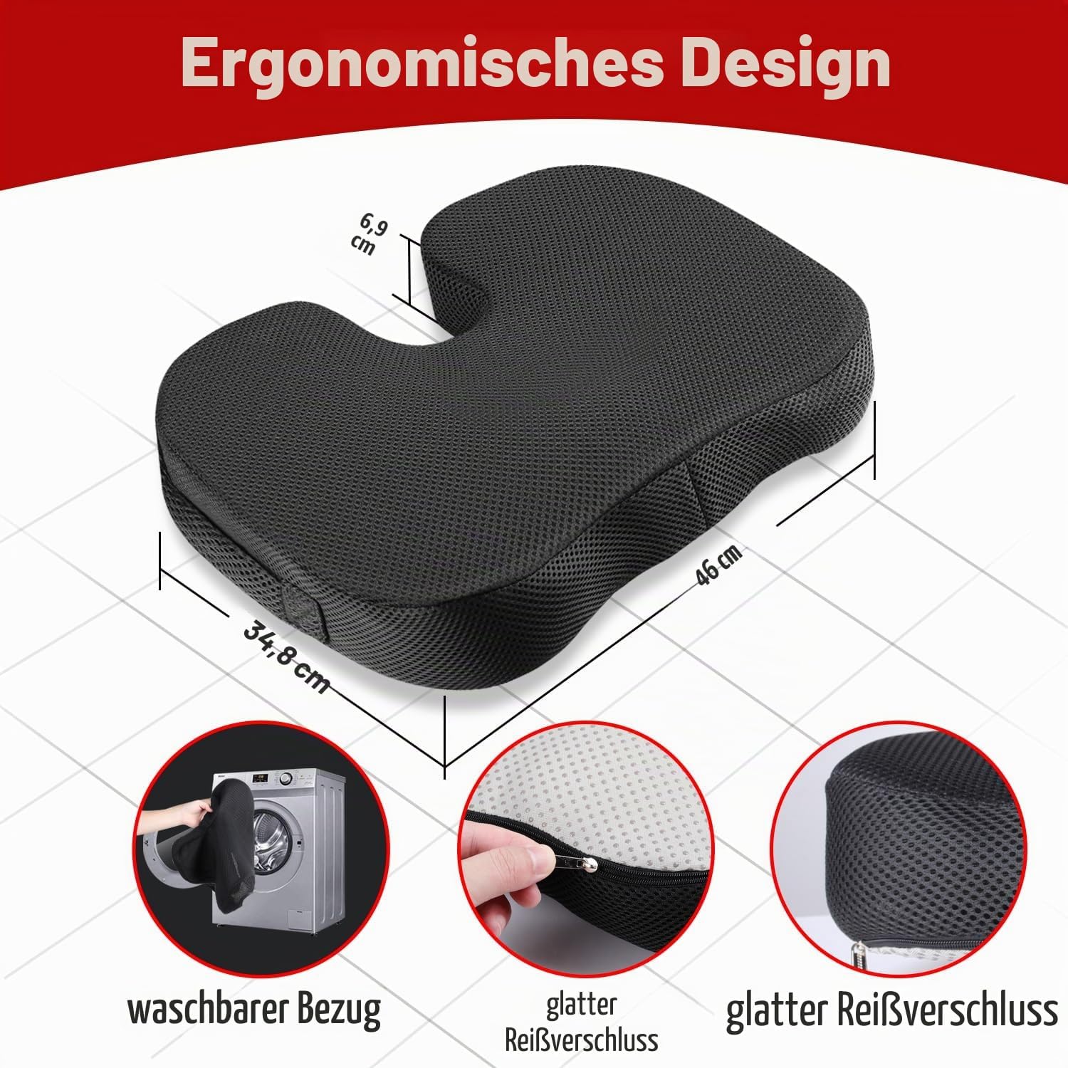 Detalle de Sitzkissen Orthopädisch – Memory Foam für langes Sitzen, Hämorrhoiden/Steißbein Entlastung, 46 x 34,8 x 6,9 cm