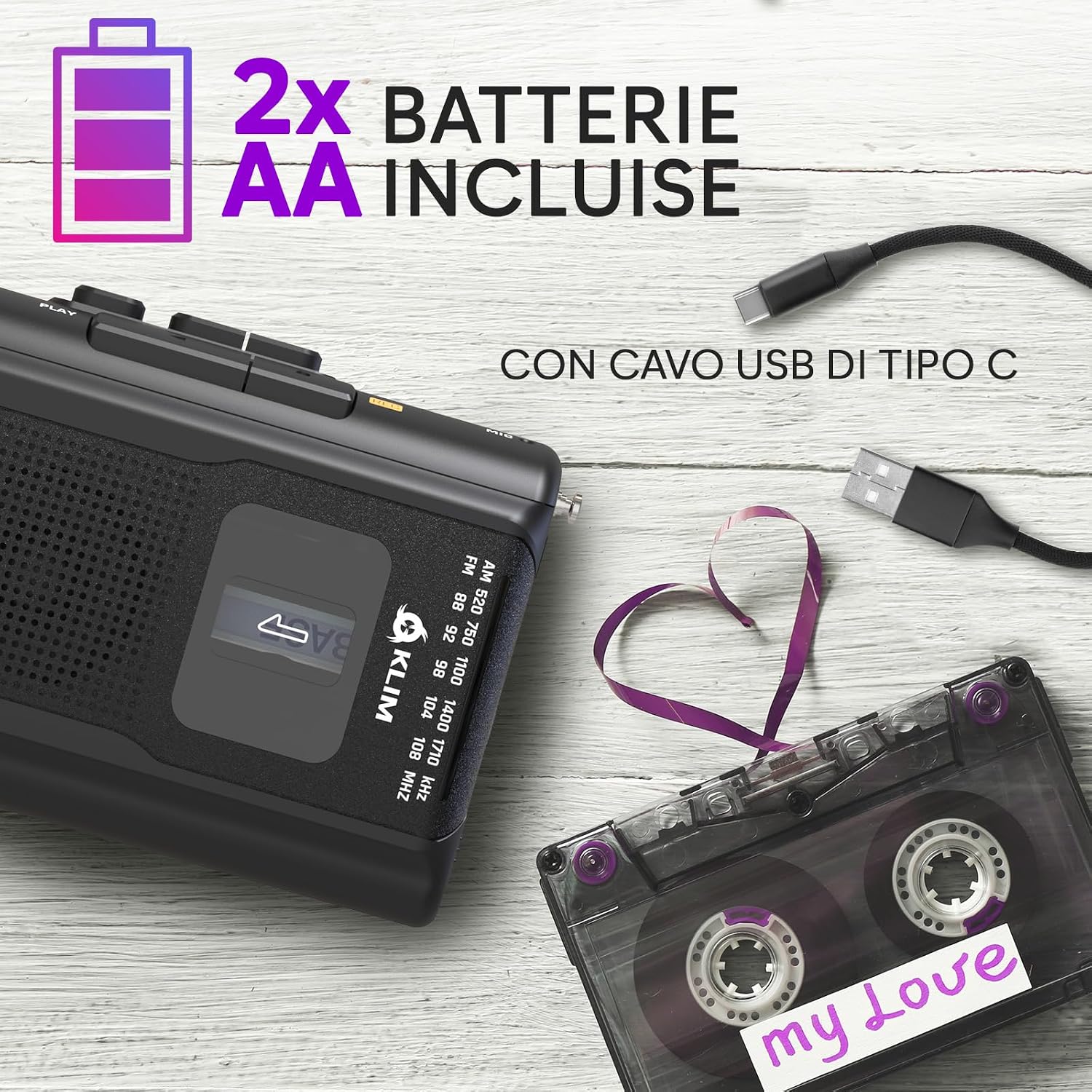 Detalle de KLIM K8 Lettore Cassette Audio – Registratore, Radio AM/FM e Audio Portatile con Microfono Integrato