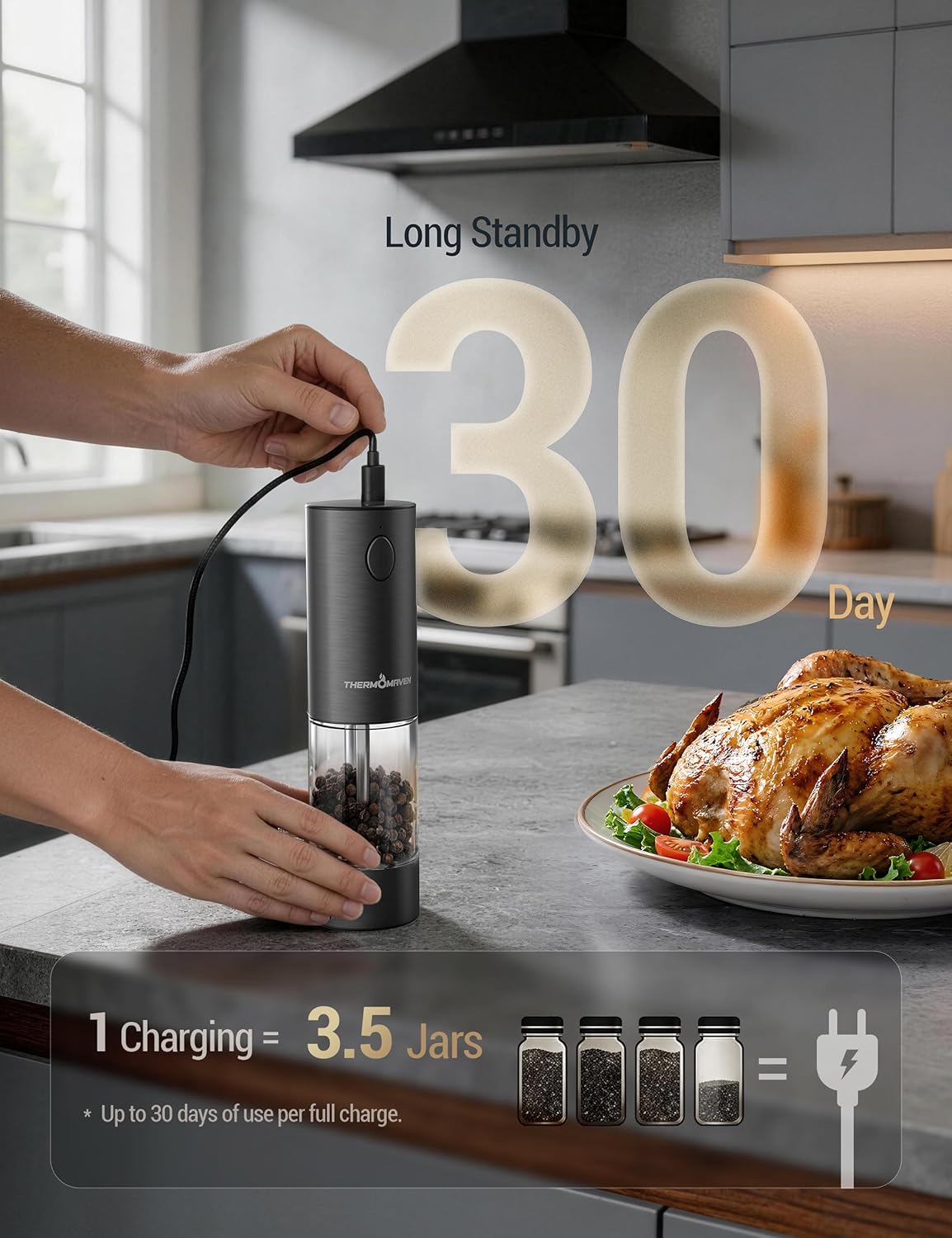 Detalle de ThermoMaven Electric Salt & Pepper Grinder Set (110ml) – Large Capacity, Rechargeable, LED