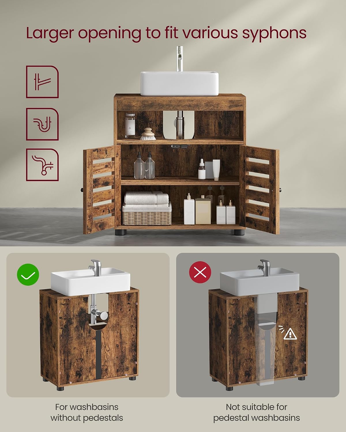 Detalle de VASAGLE BBK04BX Under-Sink Cabinet, Rustic Brown, Adjustable Shelf
