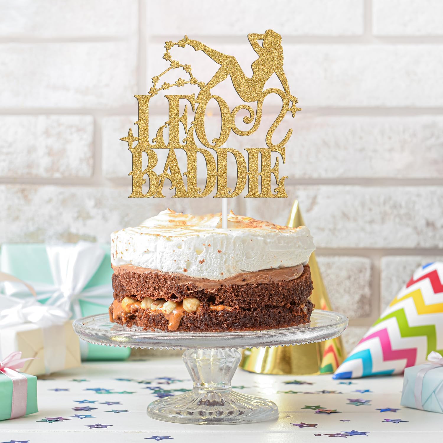 Detalle 2 de RLXPT Leo Baddie Cake Topper, Gold Glitter Zodiac Birthday Décor