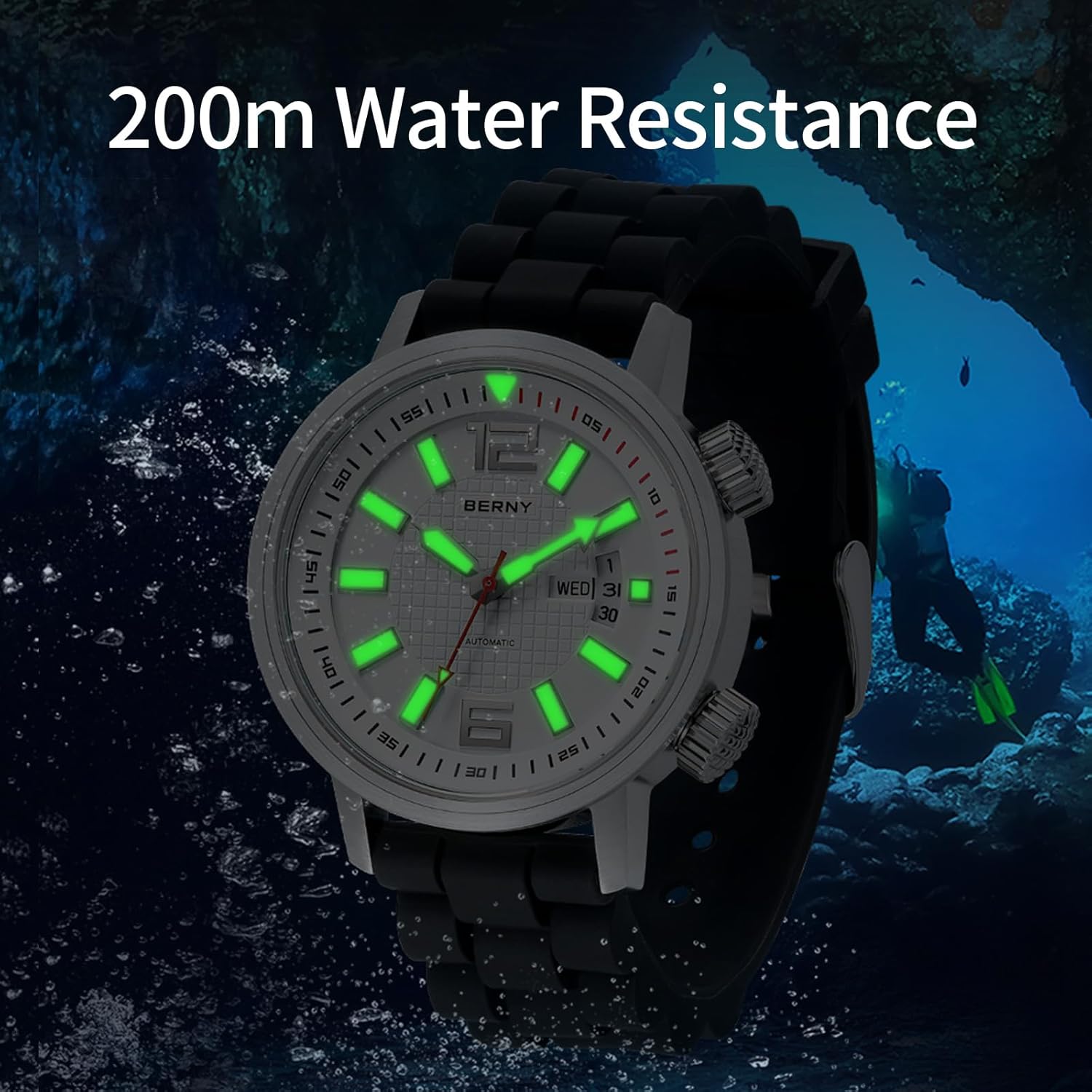 Thumbnail 6 de BERNY automatische mechanische Taucheruhr für Herren (Miyota 8205, 20 ATM, Saphirglas, Silikonarmband)